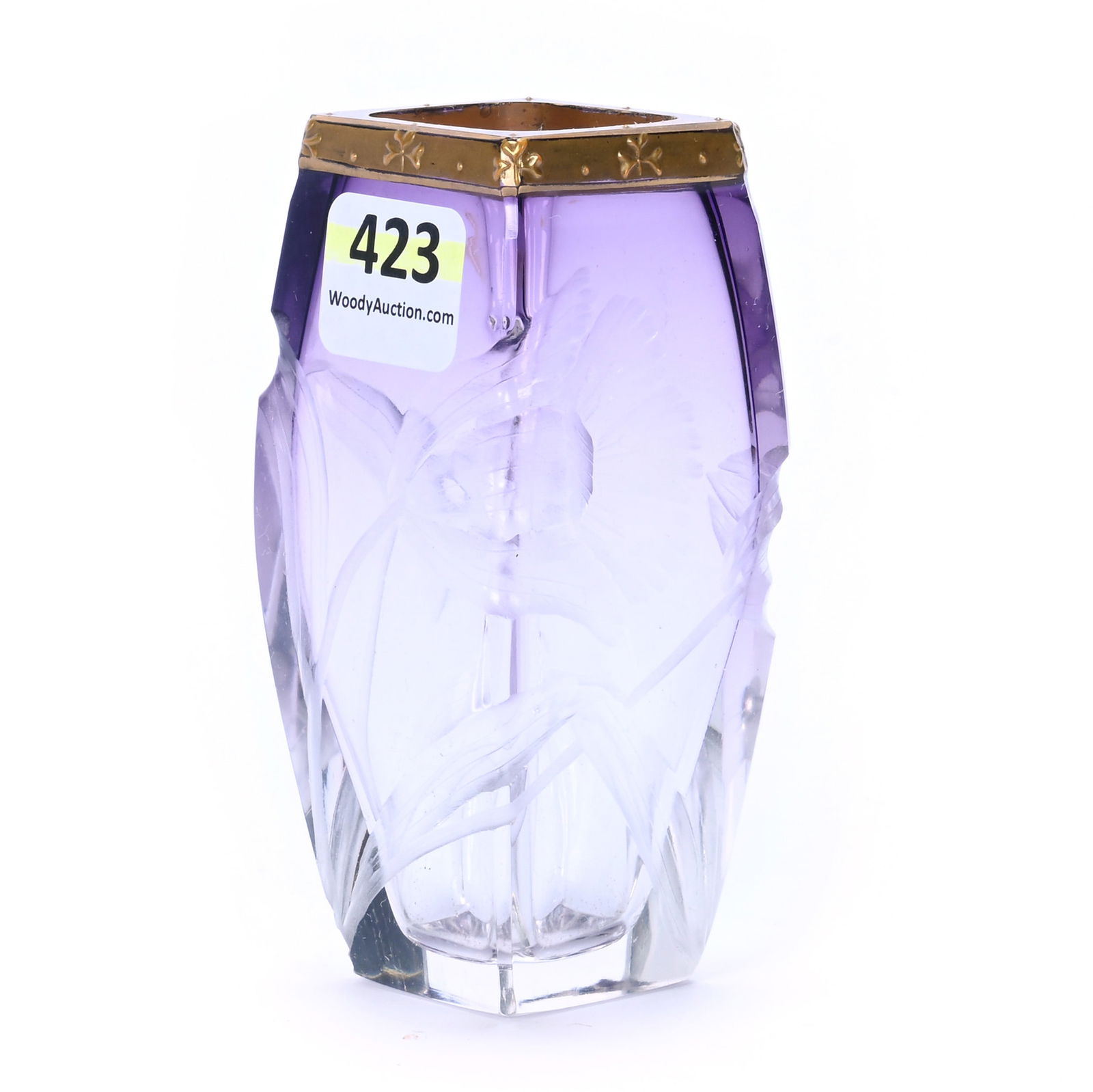 Square Vase, Unmarked Moser Art Glass, Amethyst Shading To Clear, Engraved Poppy Decor (1 of 3)