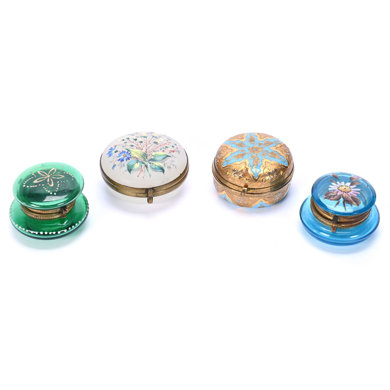 (4) Pill Boxes, Bohemian Art Glass, Various Colors And Enamel Design (1 of 3)