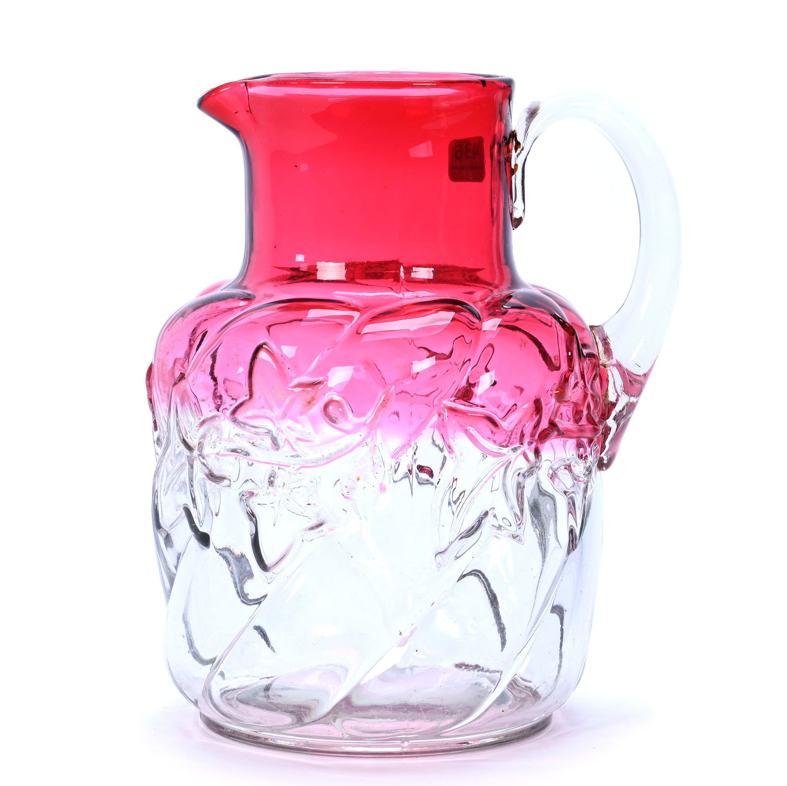 Water Pitcher, Rubina, Royal Ivy Pattern By Northwood: Water Pitcher, Rubina, Royal Ivy Pattern By Northwood, 8.25 x 6.5 x 5.5 Inches, Nice Example, 2.4 Pounds, Hazel Elaine Carlson Estate.