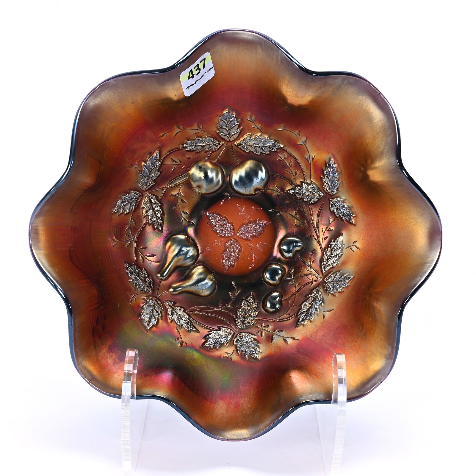 Dome Footed Bowl, Carnival Glass, Three Fruits Pattern By Northwood: Dome Footed Bowl, Carnival Glass, Three Fruits Pattern By Northwood, 8.5 x 8.5 x 3 Inches, Amethyst, Basketweave Exterior, 1 Pound, Hazel Elaine Carlson Estate.