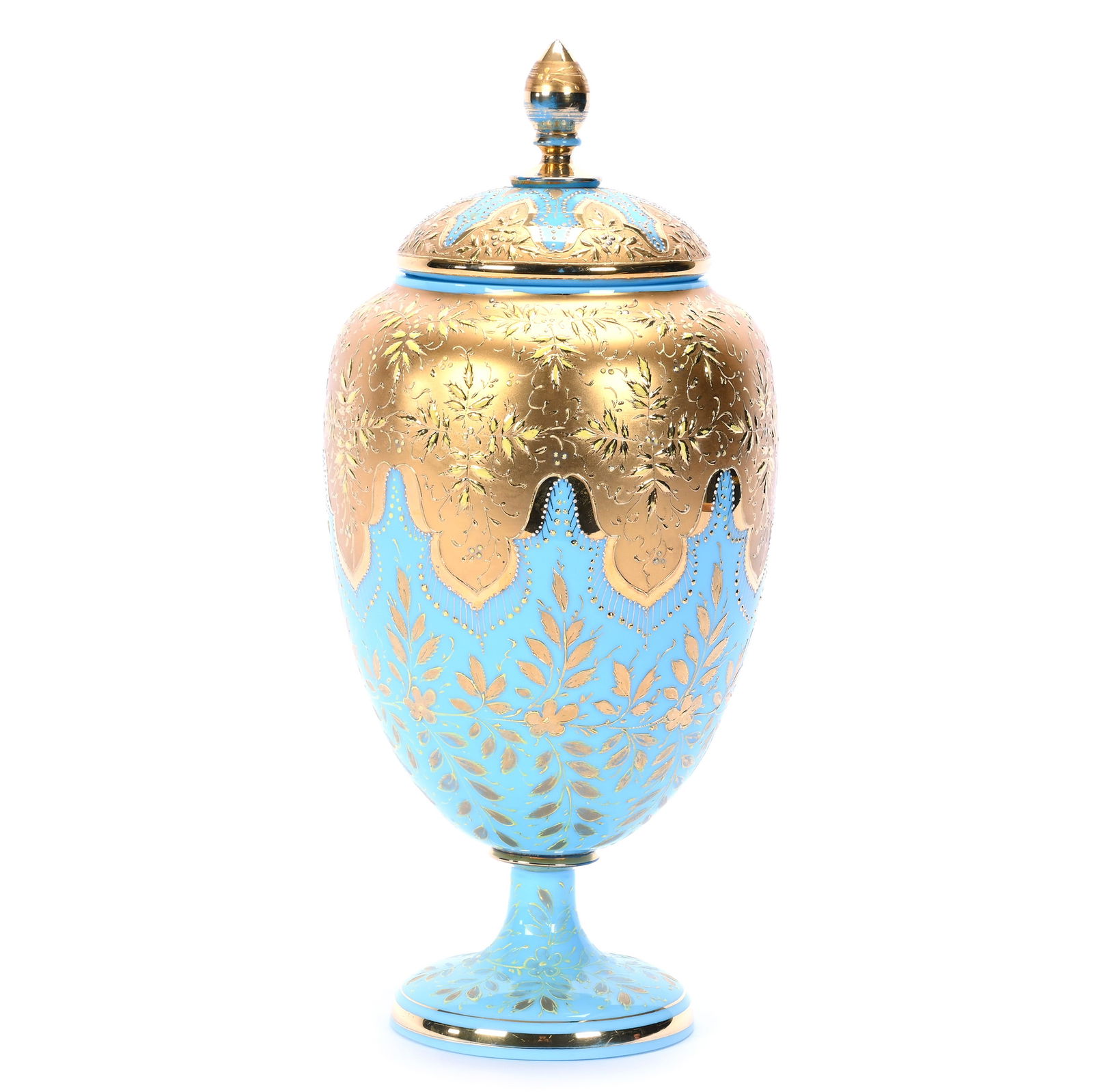 Pedestal Covered Urn, Blue Opaline Art Glass, Heavy Gold And Yellow Enamel Highlights (1 of 3)