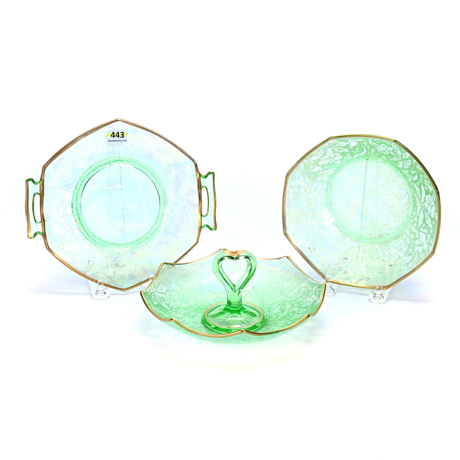 (3) Depression Glass Items, Daffodil Pattern, Green With Gold Trim (1 of 2)