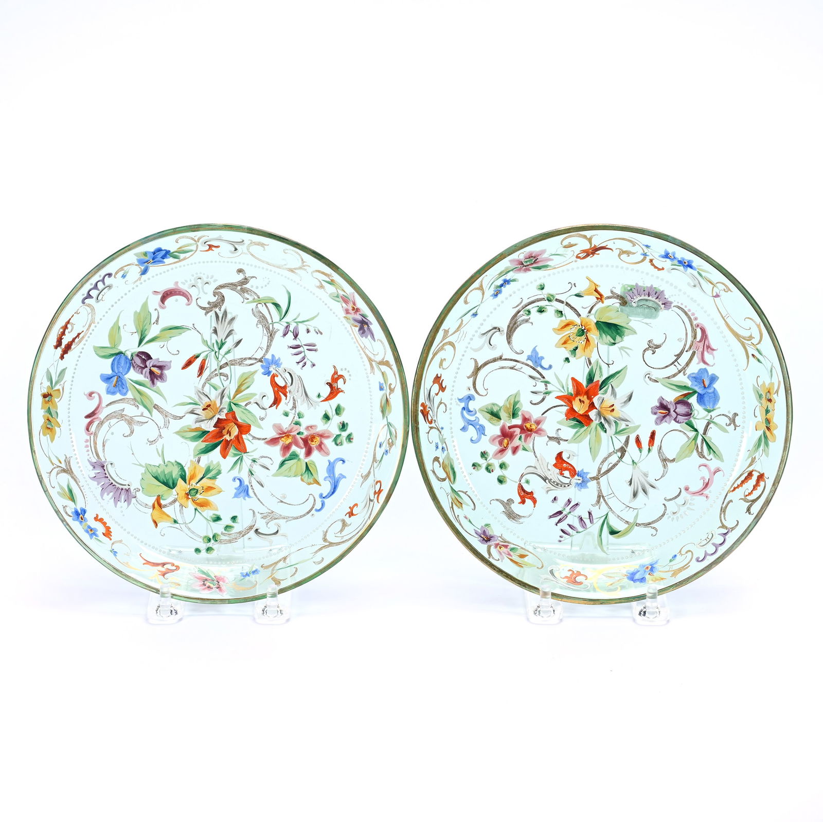 Pair Trays, Green Bohemian Art Glass With Colorful Enamel Floral And Scroll Design (1 of 2)