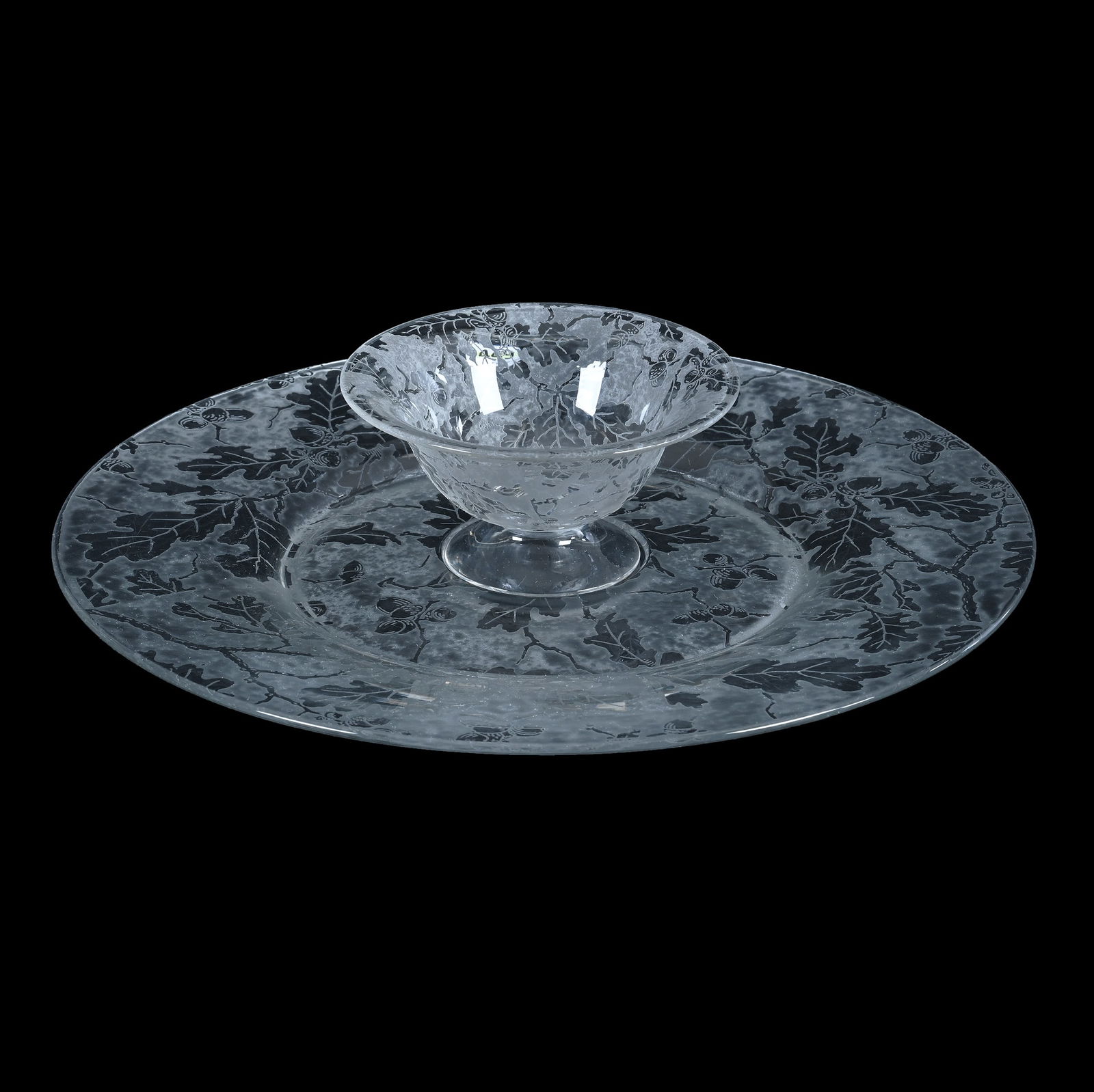 Two Part Chips And Dip Server, Clear Depression Glass, Oak Leaf Pattern (1 of 3)