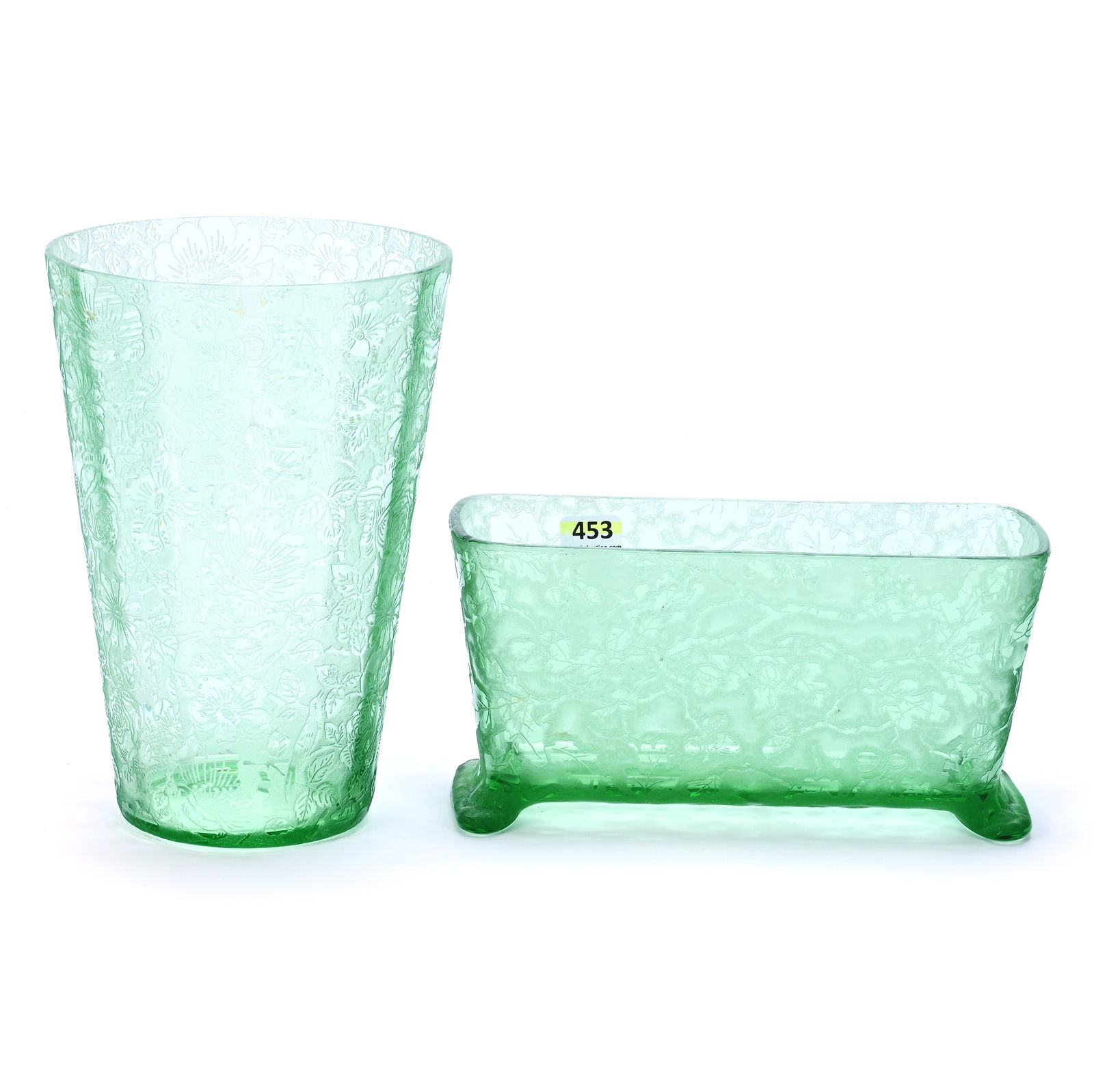 (2) Green Depression Glass Items By Fostoria, Brocaded Patterns: (2) Green Depression Glass Items By Fostoria, Brocaded Patterns, (1) 8" x 5.5" Vase, Paradise Pattern, (1) 4.25" x 8" x 3.25" Window Box, Oak Leaf Pattern, 3.1 Pounds, Hazel Elaine Carlson Estate.