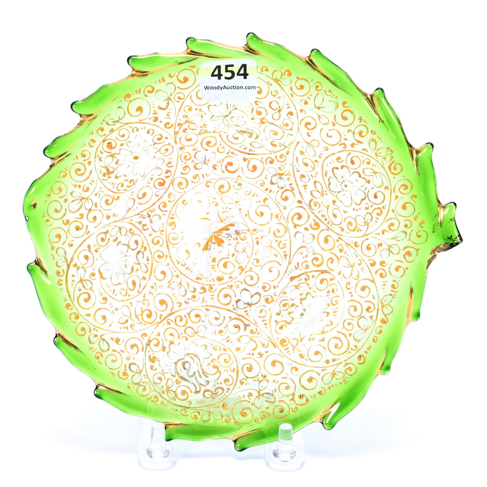 Plate, Unmarked Moser Art Glass, Green Shading To Clear, Yellow Enamel Scroll Decor (1 of 3)