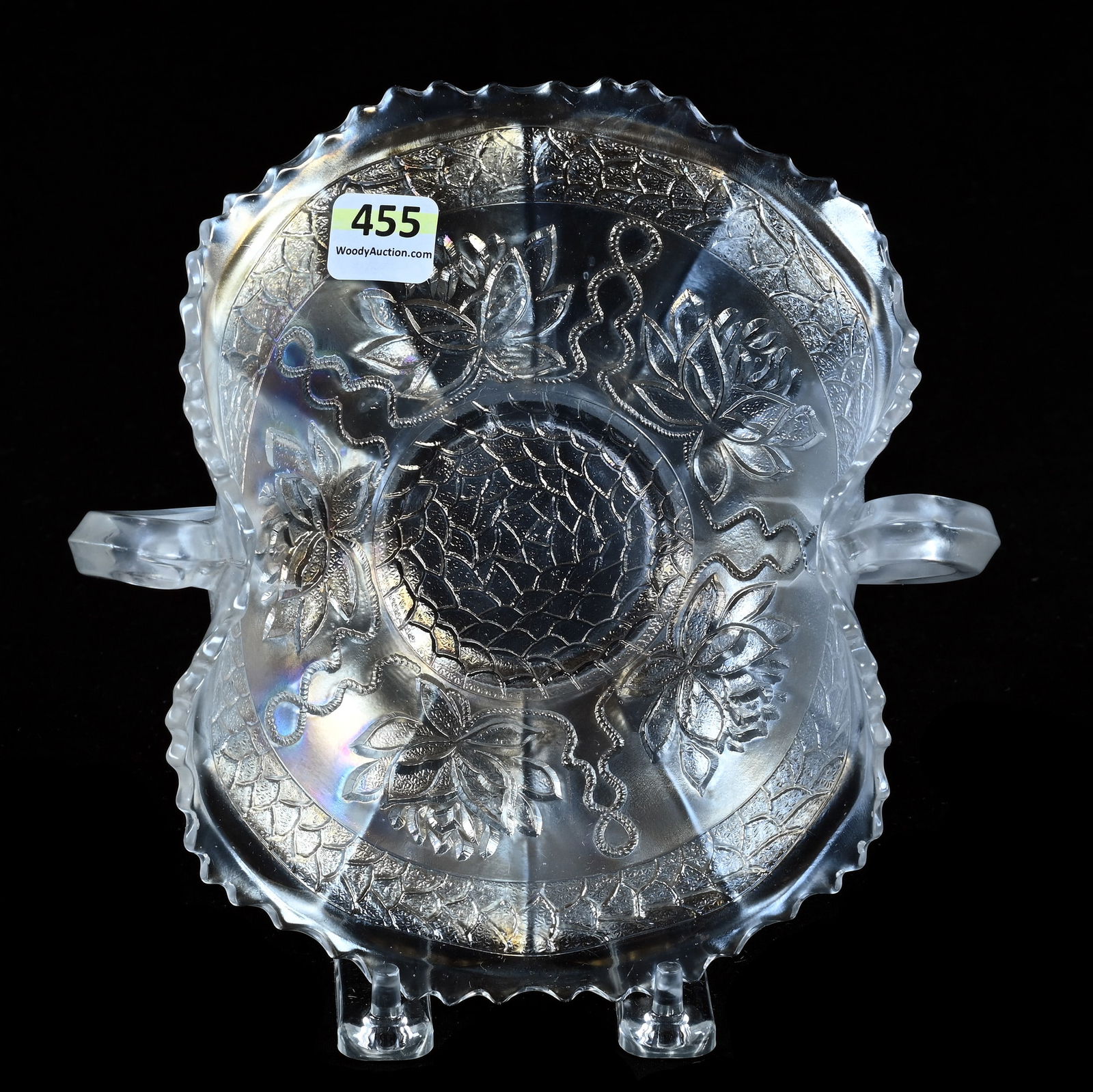 Bon Bon, Two Handles, Carnival Glass, Pond Lily Pattern By Fenton, White (1 of 2)