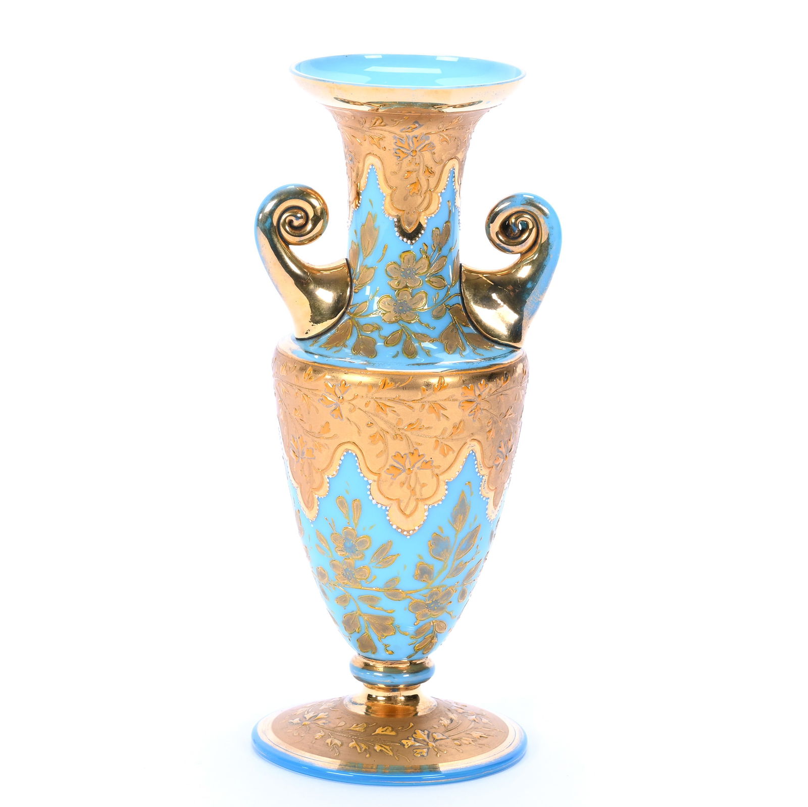 Pedestal Vase, Two Handles, Blue Opaline Art Glass (1 of 2)