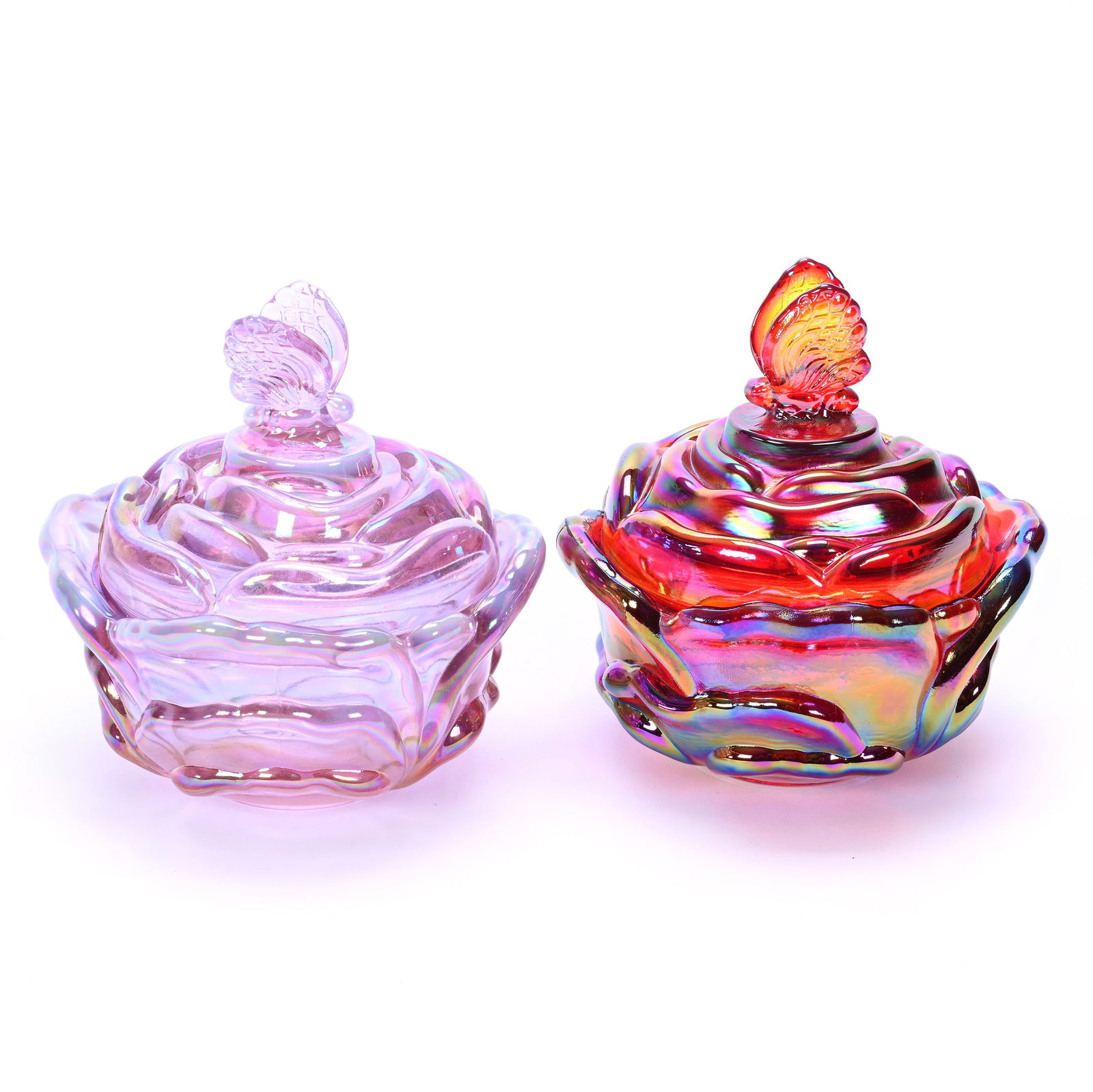 (2) Contemporary Art Glass Covered Cabbage Rose Boxes By Fenton, Butterfly Finials (1 of 4)