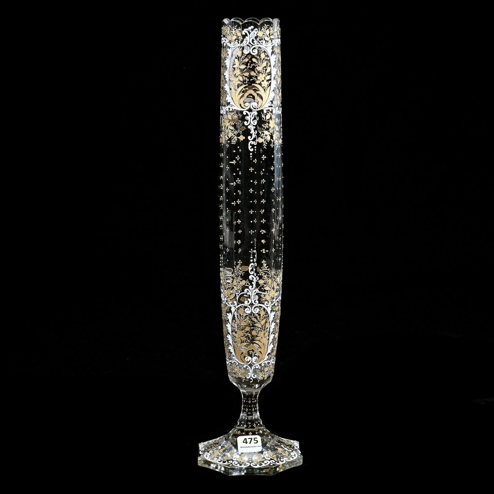 Pedestal Vase, Clear Bohemian Art Glass, Gold And White Enamel Floral And Scroll Decor (1 of 2)