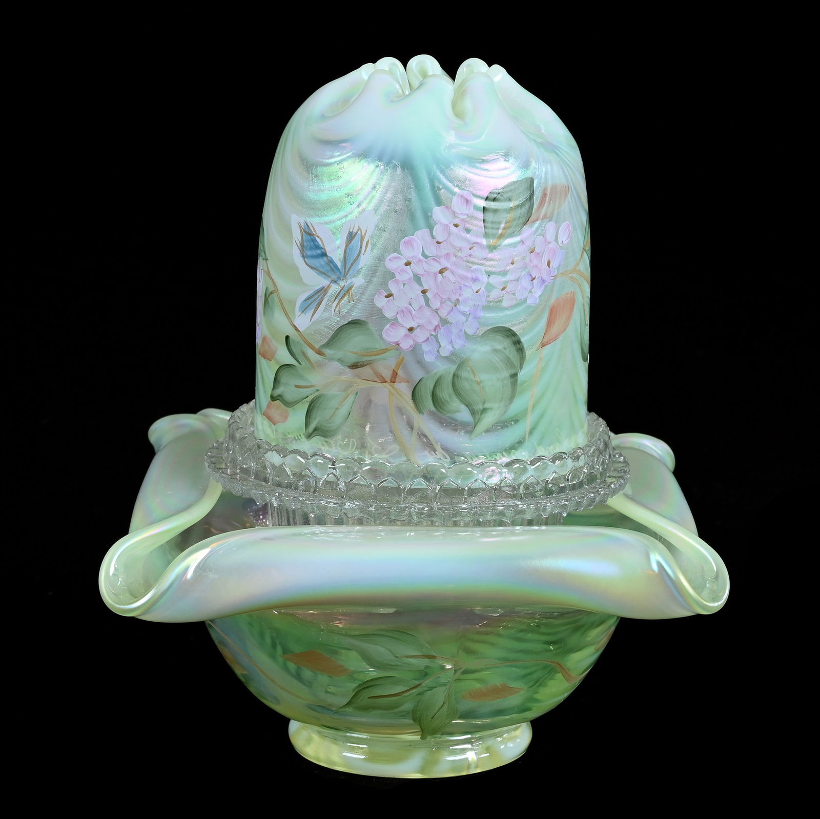Fairy Lamp, Three Piece, Contemporary Fenton Art Glass: Fairy Lamp, Three Piece, Contemporary Fenton Art Glass, 6.5 x 5.5 x 5.5 Inches, Vaseline Opalescent, Hand Painted Floral Decor, Artist Signed Stevens, Family Signature Series, Limited Edition #2064 On