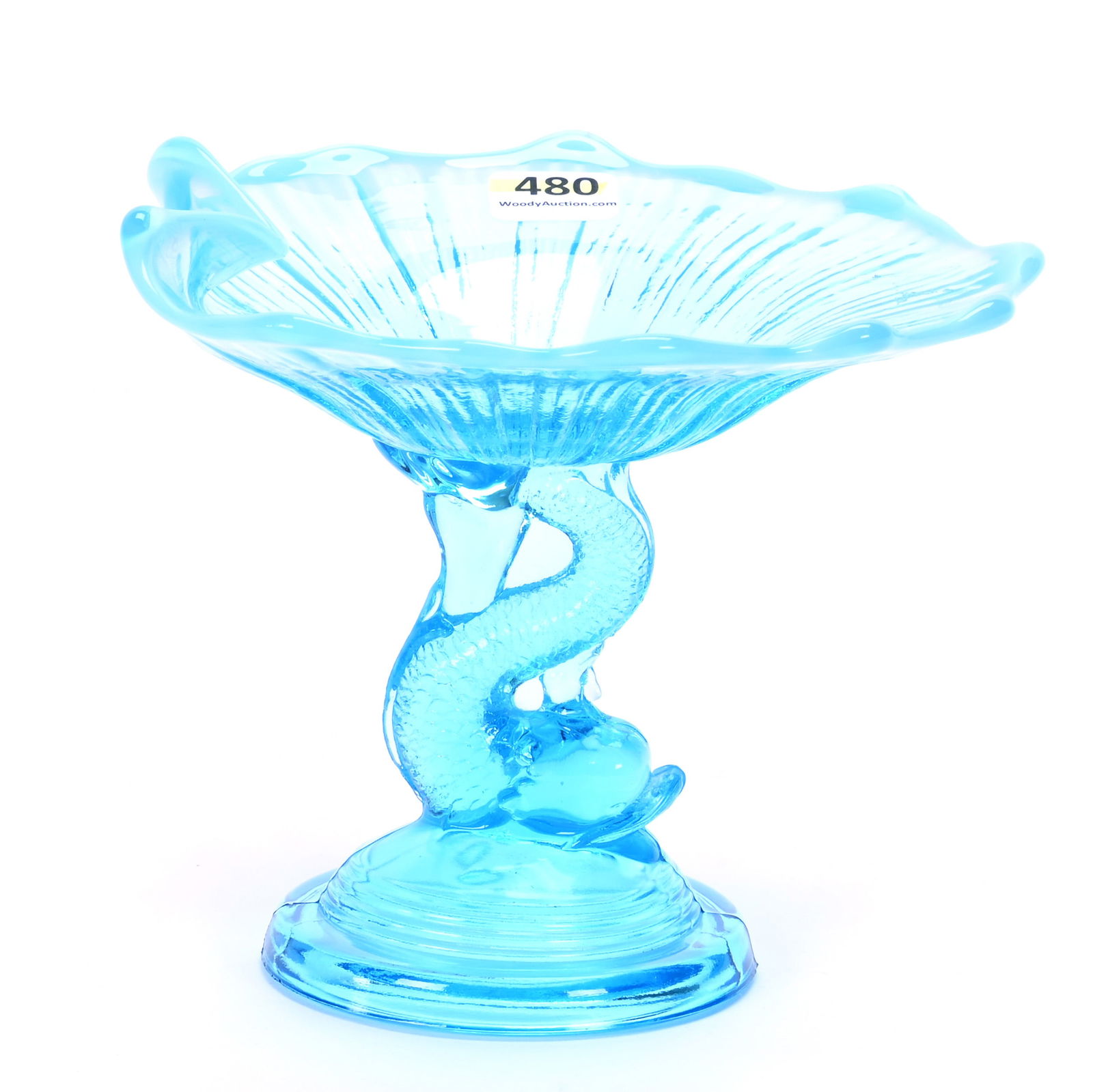 Compote, Blue Opalescent Pattern Glass By Northwood, Figural Dolphin Stem (1 of 2)