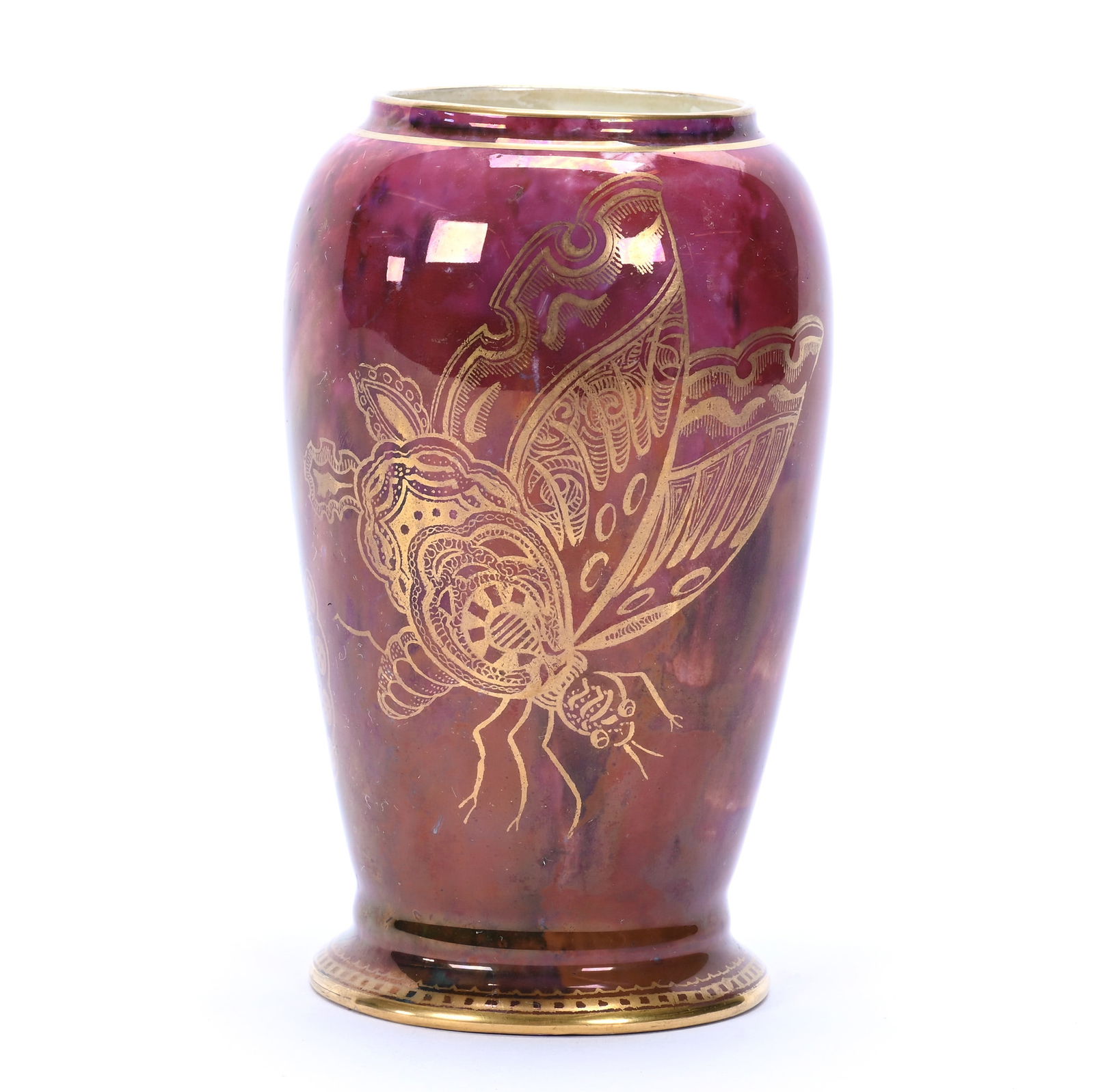 Vase Marked Wedgwood Butterfly Luster: Vase Marked Wedgwood Butterfly Luster, 5.25 x 3.25 x 3.25 Inches, Maroon Ground With Gold Stencil Highlights, 0.5 Pounds, Hazel Elaine Carlson Estate.