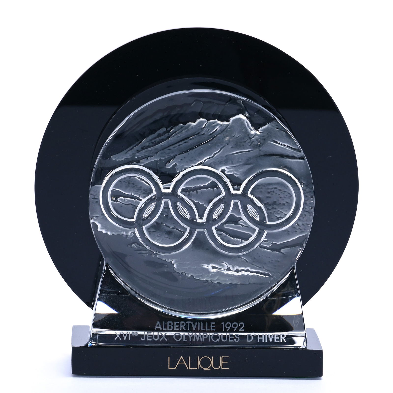 Limited Edition Souvenir Plaque, Marked Lalique France #2834 Of 4000: Limited Edition Souvenir Plaque, Marked Lalique France #2834 Of 4000, 6.5 x 6.5 x 2 Inches, Albertville 1992 Winter Olympics, Original Certificate, Sells With Original Black Acrylic Display Stand,
