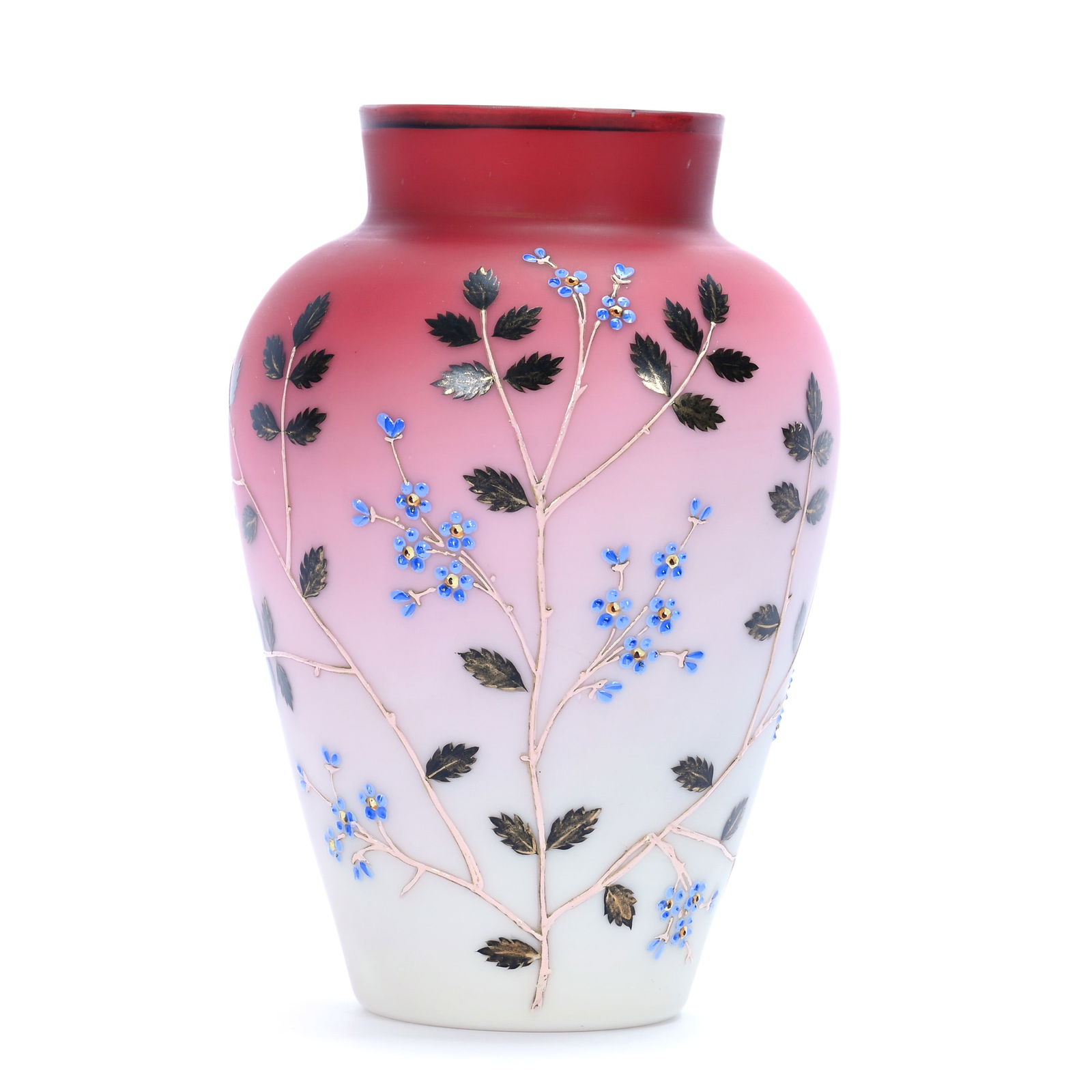 Vase, Pink And White Satin Art Glass: Vase, Pink And White Satin Art Glass, 8.25 x 5.5 x 5.5 Inches, Enamel Branch And Blossom Decor, 1.6 Pounds, Charles And Nikia Schulte, Missouri.