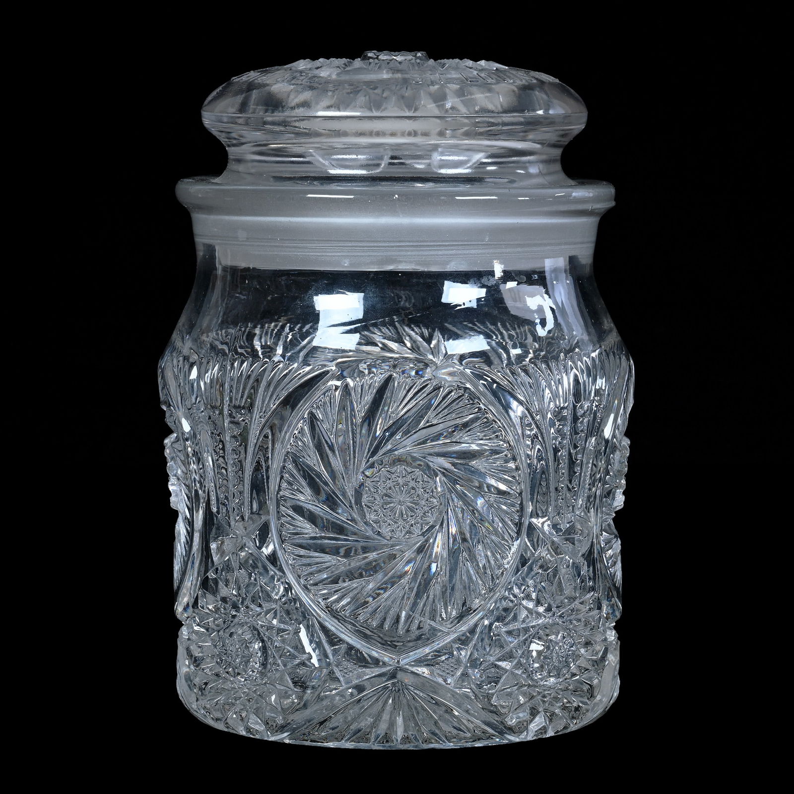 Advertising Humidor, Clear Pattern Glass: Advertising Humidor, Clear Pattern Glass,, 8.75 x 6 x 6 Inches, Pinwheel And Hobstar Design, Marked "F.R. Rice Mercantile Cigar Company, St. Louis, MO", Original Sponge Tabs Inside Lid, sizable