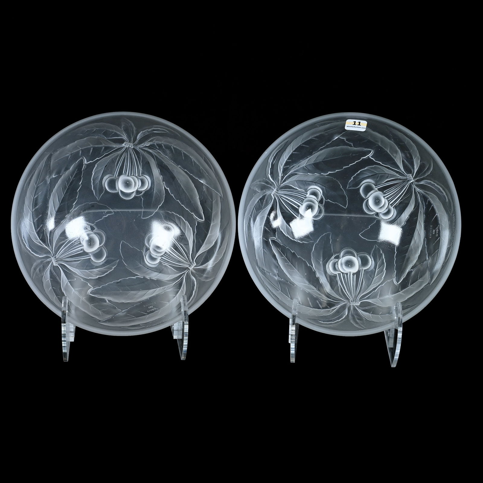 Pair Bowls, Marked G. Vallon, French Art Glass: Pair Bowls, Marked G. Vallon, French Art Glass, 9.25 x 9.25 x 3 Inches, Clear Frosted Embossed Cherry Design, 4.2 Pounds, Charles And Nikia Schulte, Missouri.