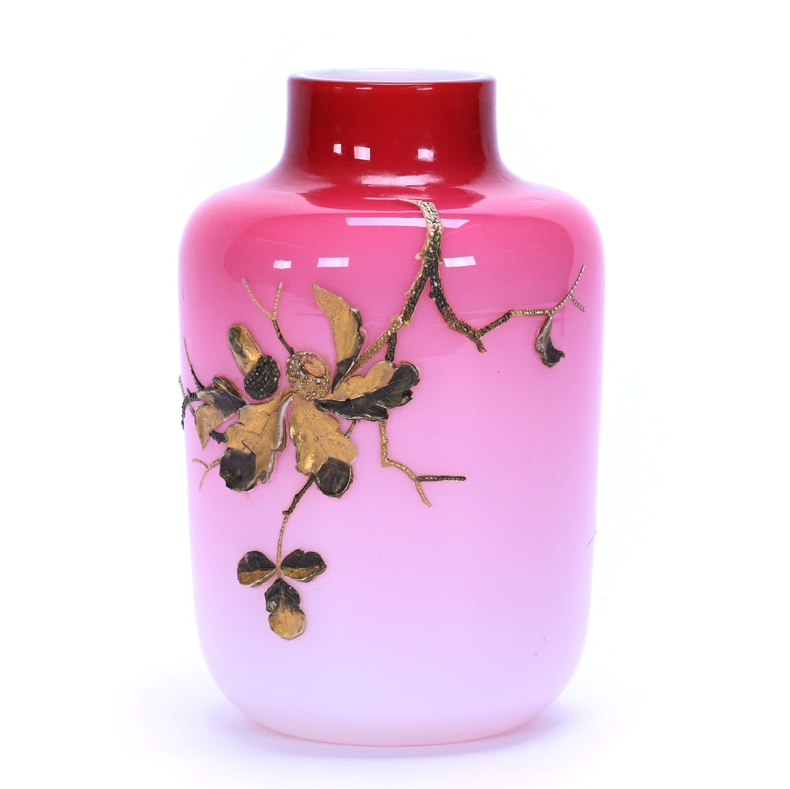 Vase, Cased Peach Glow Art Glass Attributed To Webb: Vase, Cased Peach Glow Art Glass Attributed To Webb, 7 x 4.5 x 4.5 Inches, Heavy Enamel Acorn Branch Decor, 1.5 Pounds, Charles And Nikia Schulte, Missouri.