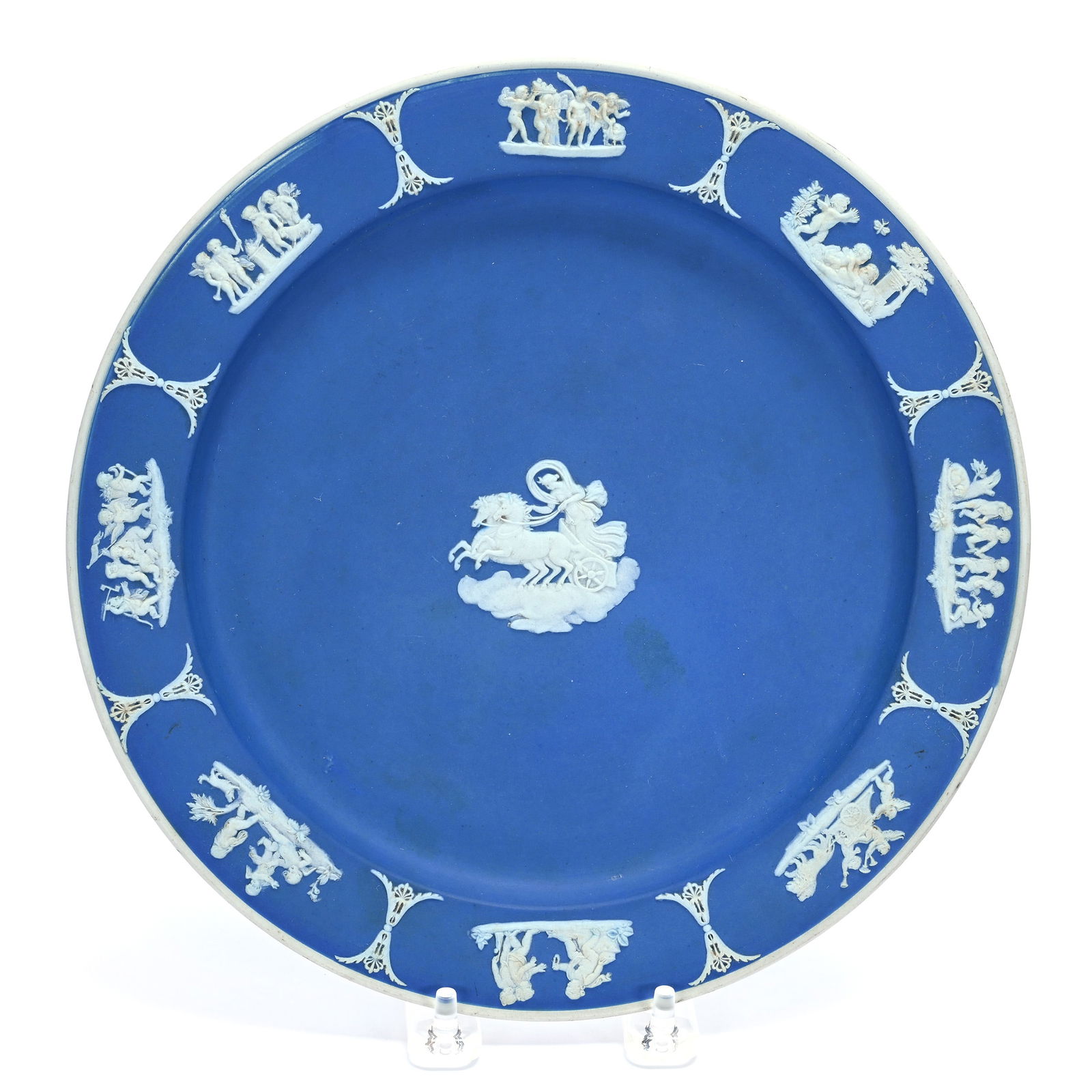 Plate, Marked Wedgwood M.I.E.: Plate, Marked Wedgwood M.I.E., 9.75 x 9.75 x 0.75 Inches, Classic Blue And White, Traditional Scenic Relief, 1.5 Pounds, Charles And Nikia Schulte, Missouri.