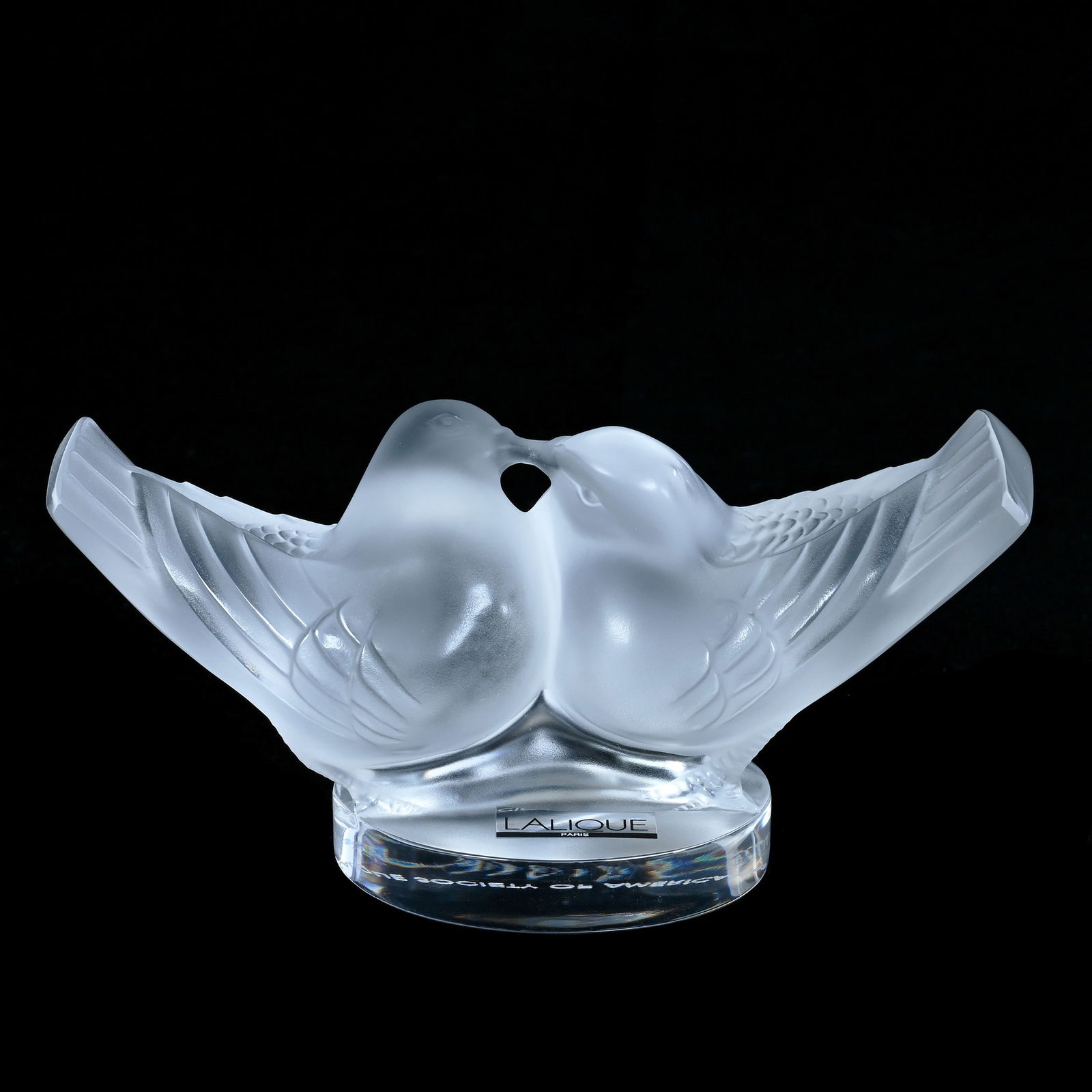 Sculpture, Signed Lalique France, Lovebirds: Sculpture, Signed Lalique France, Lovebirds, 4 x 7.25 x 4 Inches, Lalique Society Of America, 1993, Original Box, 1.9 Pounds, Charles And Nikia Schulte, Missouri.