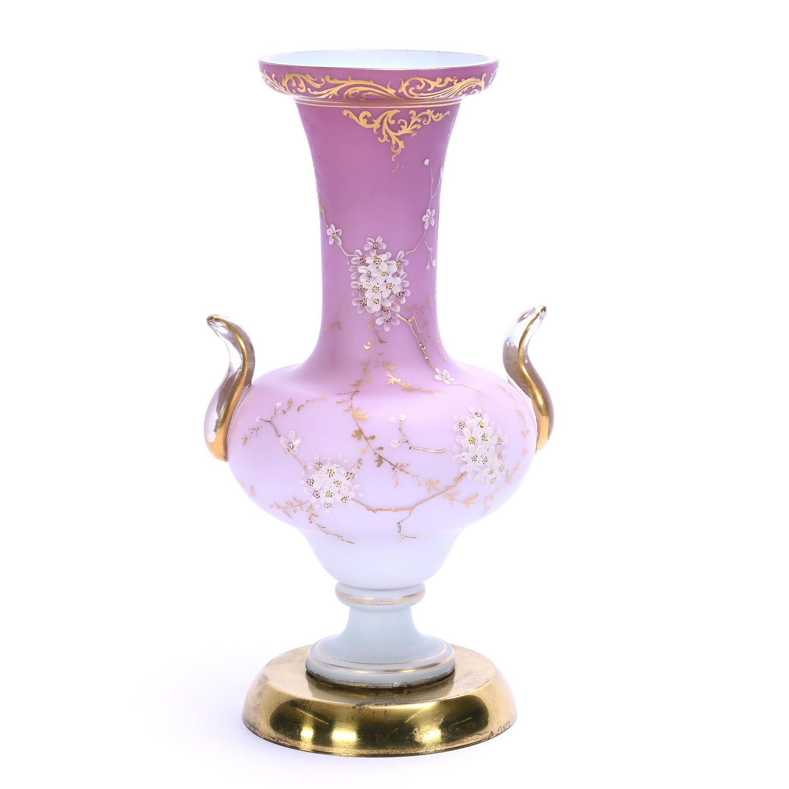 Pedestal Vase, Lavender And White Satin Art Glass: Pedestal Vase, Lavender And White Satin Art Glass, 11.5 x 6.25 x 5.25 Inches, Mounted On Brass Foot, Enamel Blossom Decor, Gold Stencil Highlights, 2.2 Pounds, Charles And Nikia Schulte, Missouri.