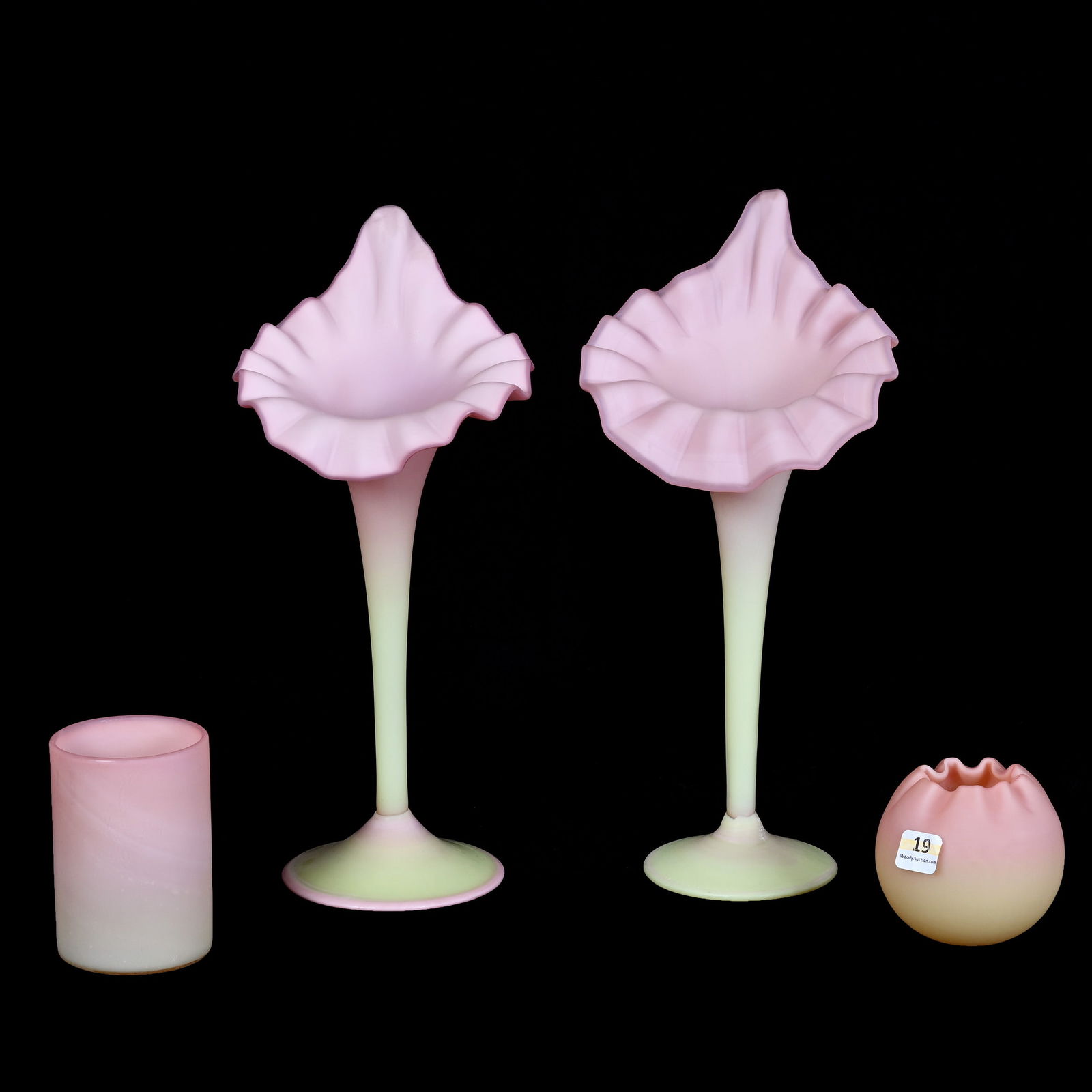 (4) Pieces Italian Burmese Art Glass: (4) Pieces Italian Burmese Art Glass, (2) 12" x 5.25" Jack In Pulpit Vases, (1) 4" Tumbler, (1) 3.25" Rose Bowl, 3.1 Pounds Charles And Nikia Schulte, Missouri.