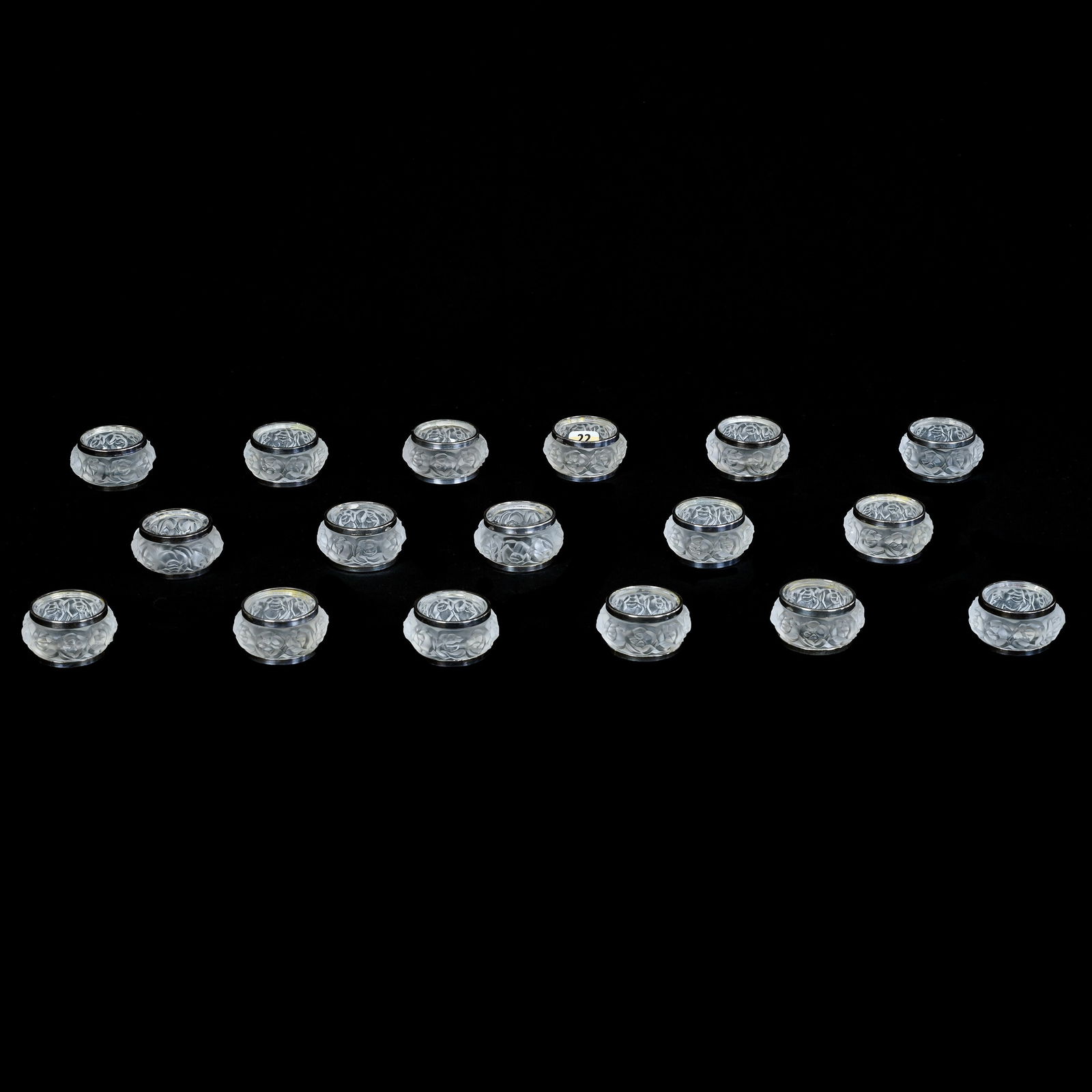 (17) Napkin Rings, William Adams, Frosted Rose Pattern: (17) Napkin Rings, William Adams, Frosted Rose Pattern, 2.25 x 2.25 x 1.25 Inches, Towle Silverplate Rims, Nice Set, 3.4 Pounds, Charles And Nikia Schulte, Missouri.