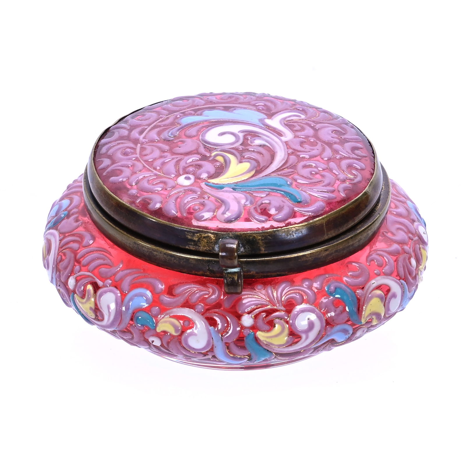 Pill Box, Unmarked Moser Style Cranberry Art Glass: Pill Box, Unmarked Moser Style Cranberry Art Glass, 1.25 x 2.5 x 2.5 Inches, Heavy Enamel Scroll Highlights, 0.2 Pounds, Charles And Nikia Schulte, Missouri.