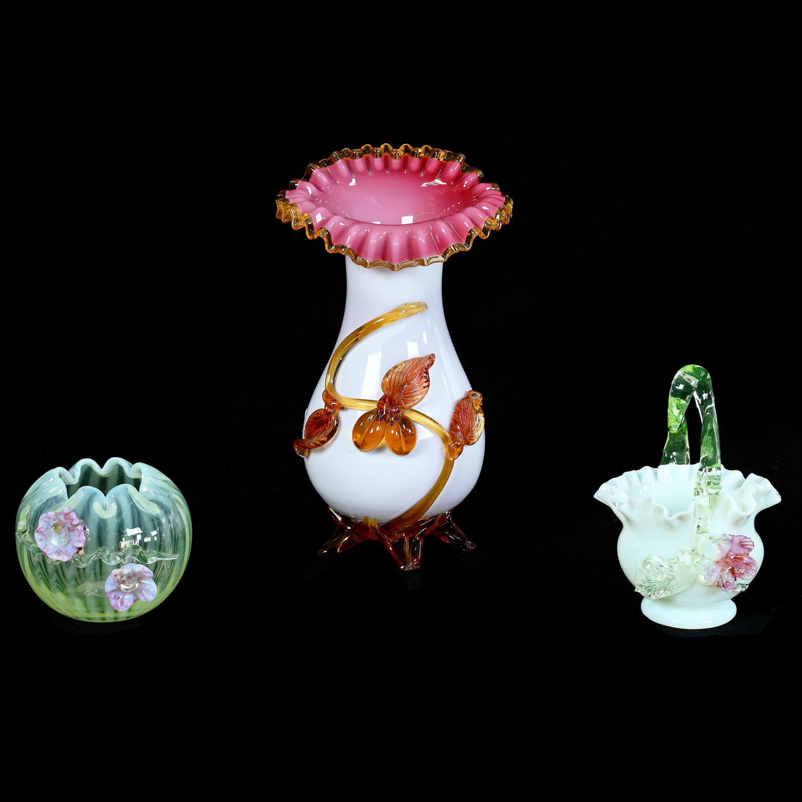 (3) Stevens And Williams Art Glass Items: (3) Stevens And Williams Art Glass Items, (1) 10.25" x 6" x 5" Vase, White With Pink Interior, Applied Amber Fruit And Leaves, Has Some Chips On Feet, (1) 6" x 5" Basket, Yellow With Applied