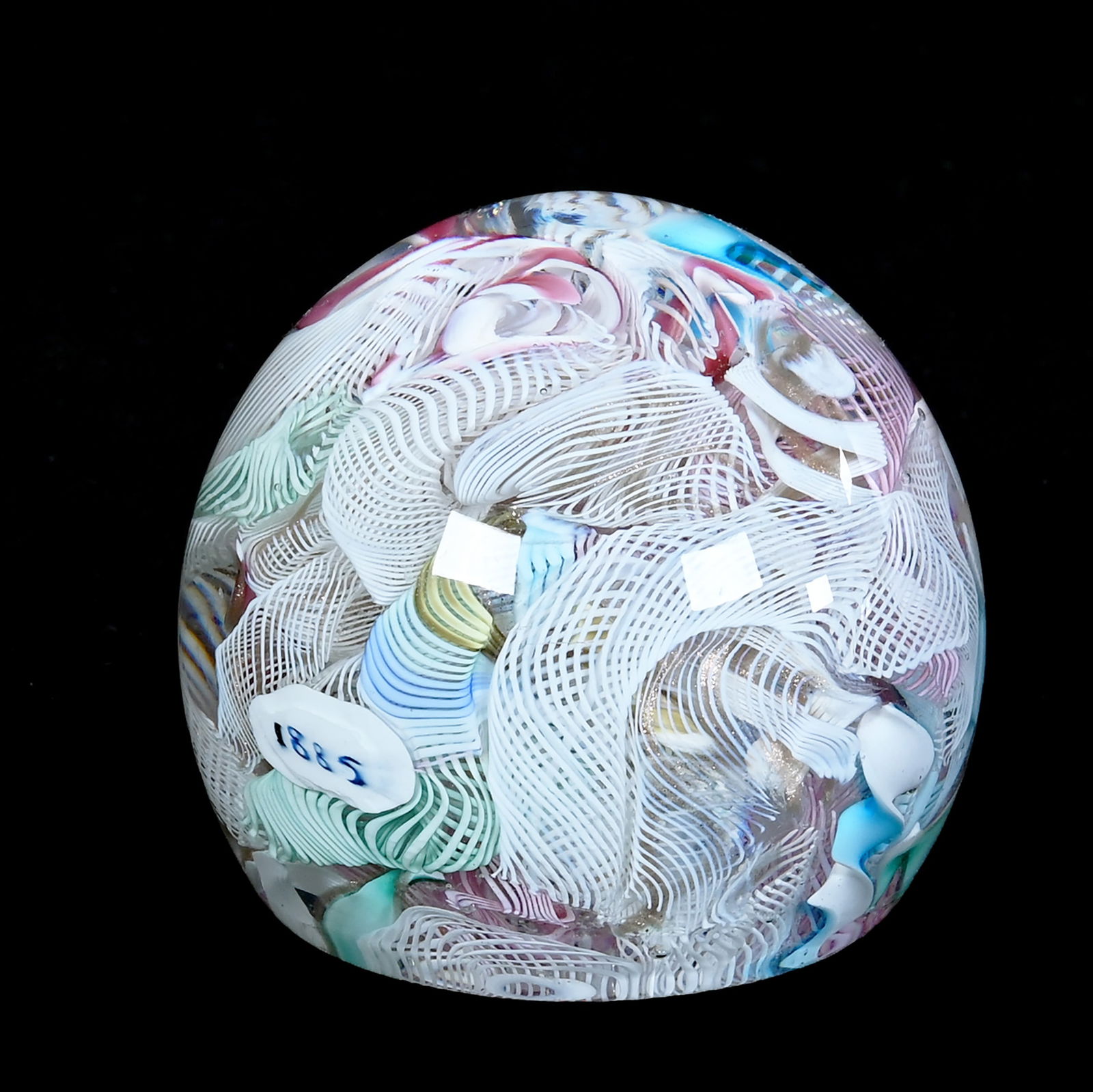 Paperweight, Italian Art Glass: Paperweight, Italian Art Glass, 2.5 x 3 x 3 Inches, Latticino And Colored Spiral Designs, Date Cane Indicating 1885, 1.3 Pounds, Charles And Nikia Schulte, Missouri.