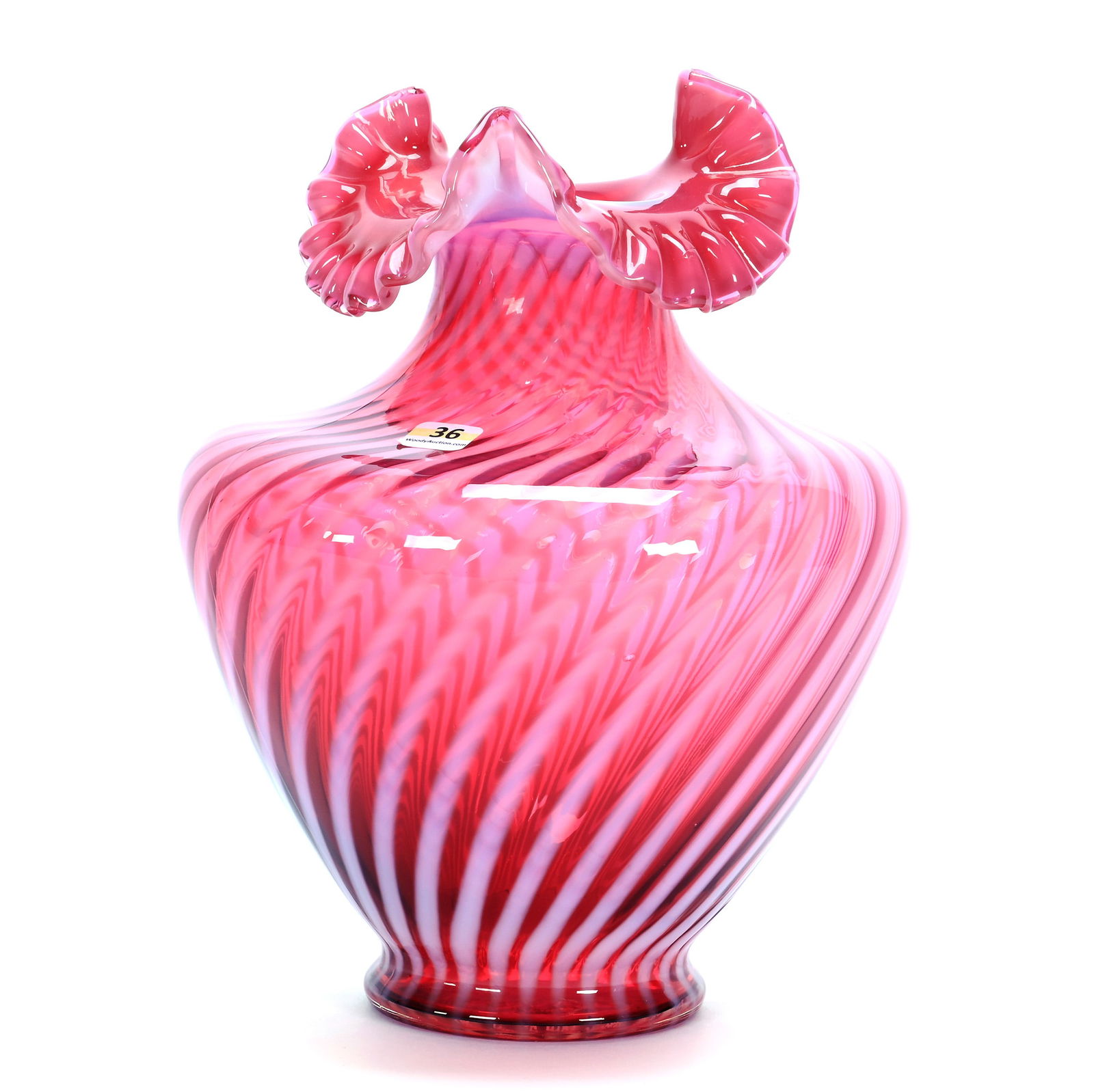 Vase, Contemporary Fenton Art Glass: Vase, Contemporary Fenton Art Glass, 11.25 x 8.75 x 8.75 Inches, Cranberry Opalescent Swirl, Dated 1992, 4.5 Pounds, Charles And Nikia Schulte, Missouri.