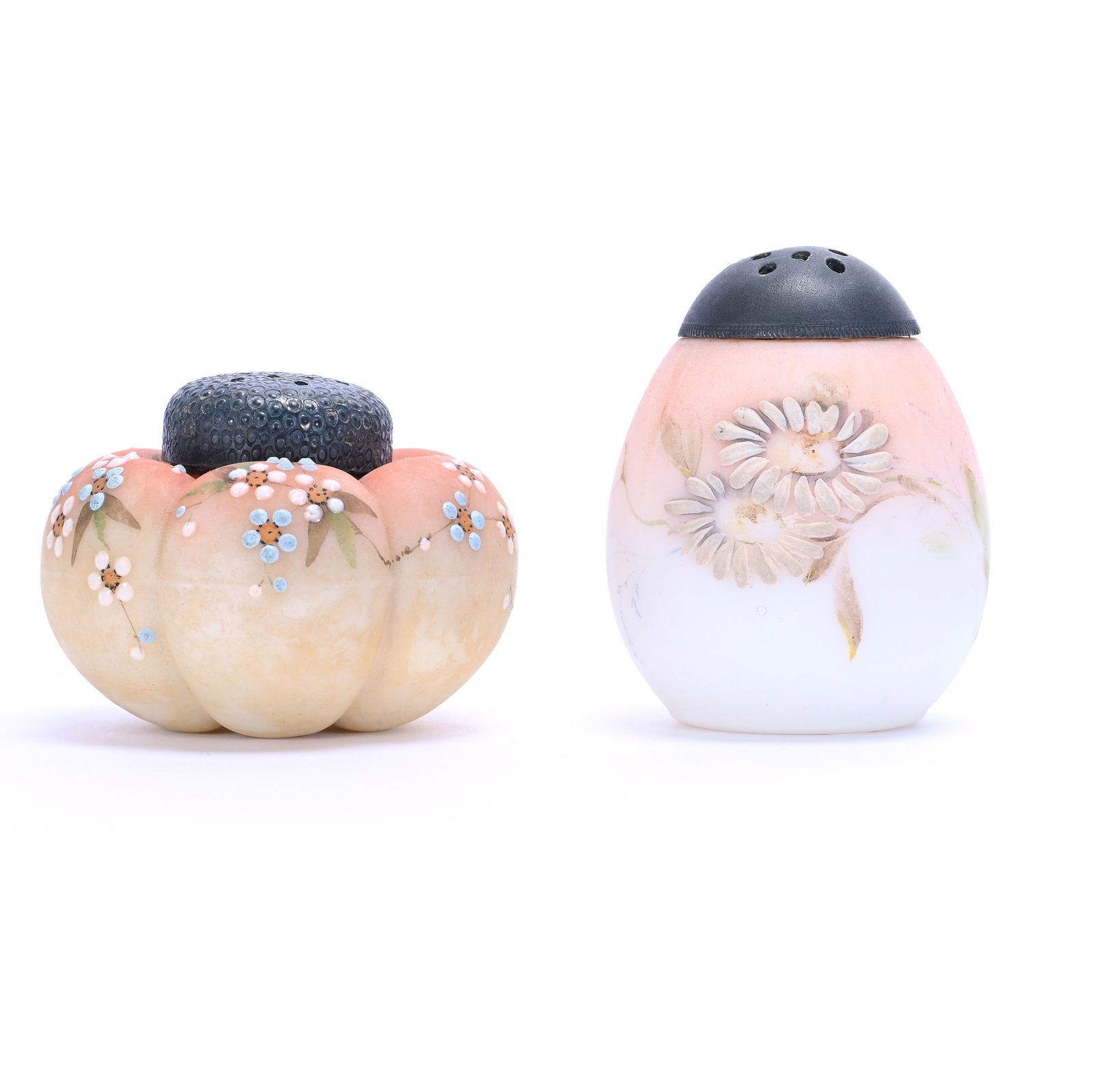(2) Salt Shakers By Mt. Washington: (2) Salt Shakers By Mt. Washington, (1) 2.5" Egg Shape, Pink And White Tones With Enamel Daisy Decor, (1) 1.75" Melon Shape, Burmese Color With Enamel Blossom Decor, 0.4 Pounds, Charles And Nikia