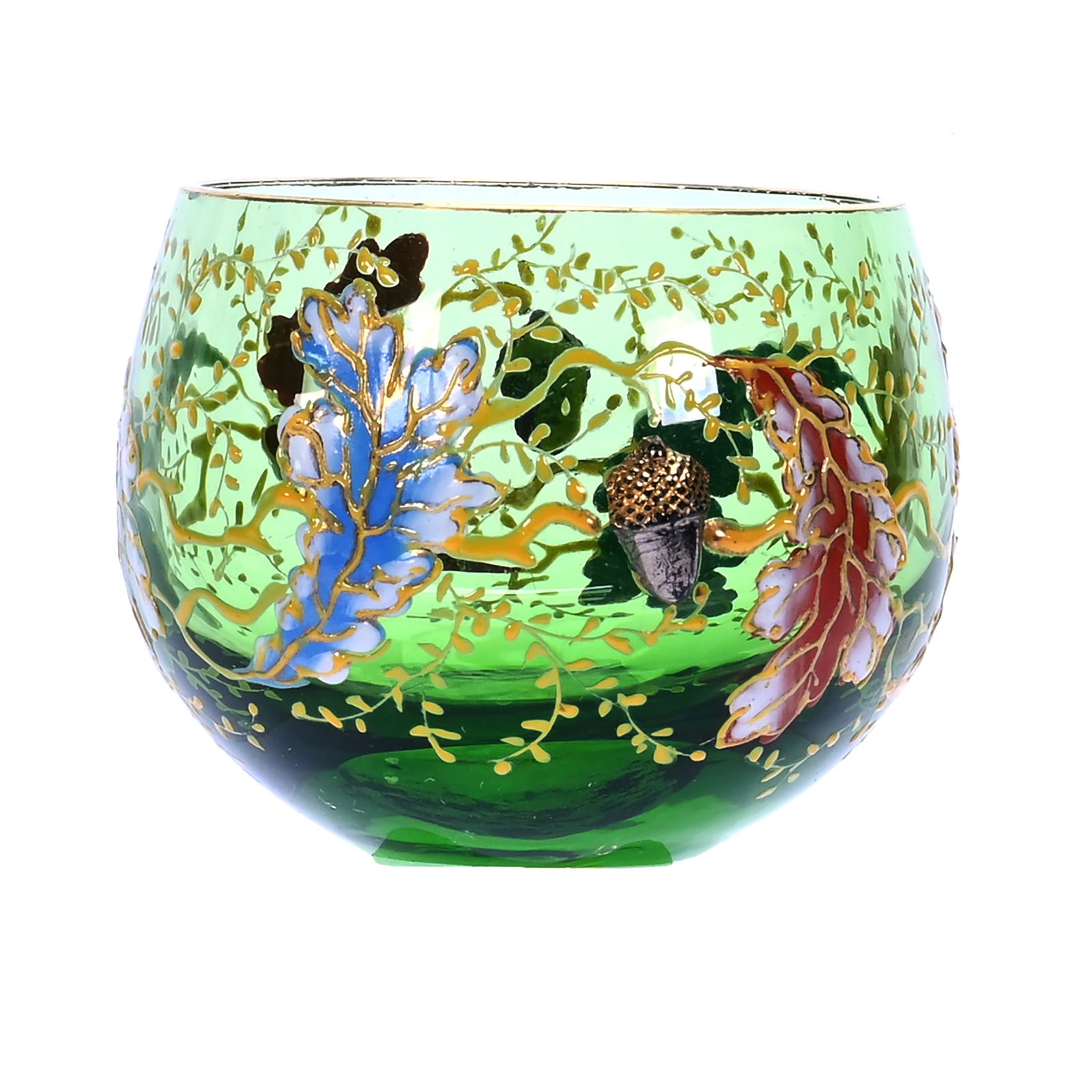 Roman Punch Cup, Unmarked Moser: Roman Punch Cup, Unmarked Moser, 1.5 x 2 x 2 Inches, Green Art Glass With Colorful Enamel Oak Branch Decor, Applied Acorn Highlights, 0.1 Pound Charles And Nikia Schulte, Missouri.