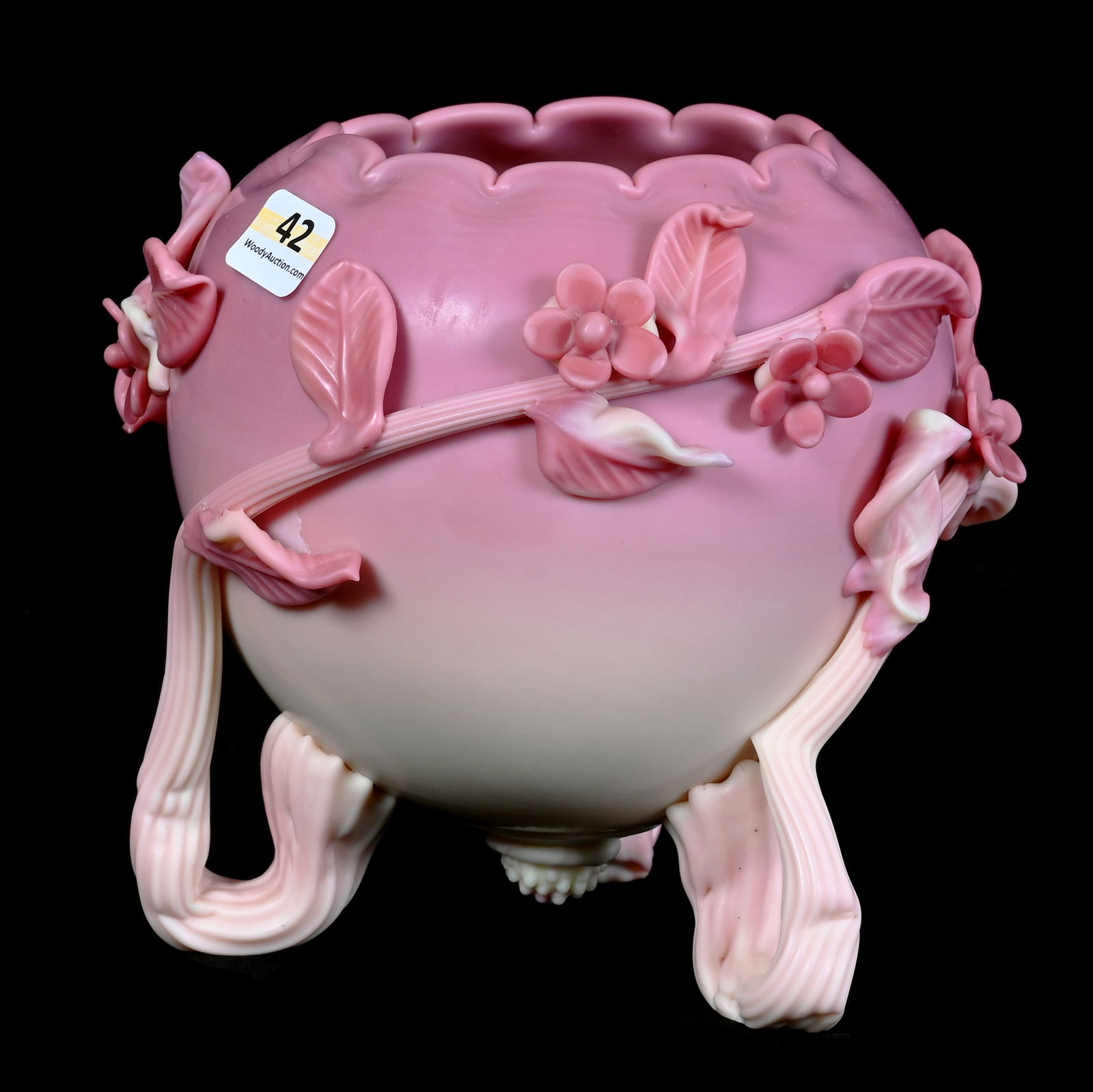 Footed Rose Bowl, Gunderson Or Italian Burmese Art Glass: Footed Rose Bowl, Gunderson Or Italian Burmese Art Glass, 6.5 x 6 x 6 Inches, Applied Branch, Blossom, And Leaf Decor, 2.3 Pounds, Charles And Nikia Schulte, Missouri.