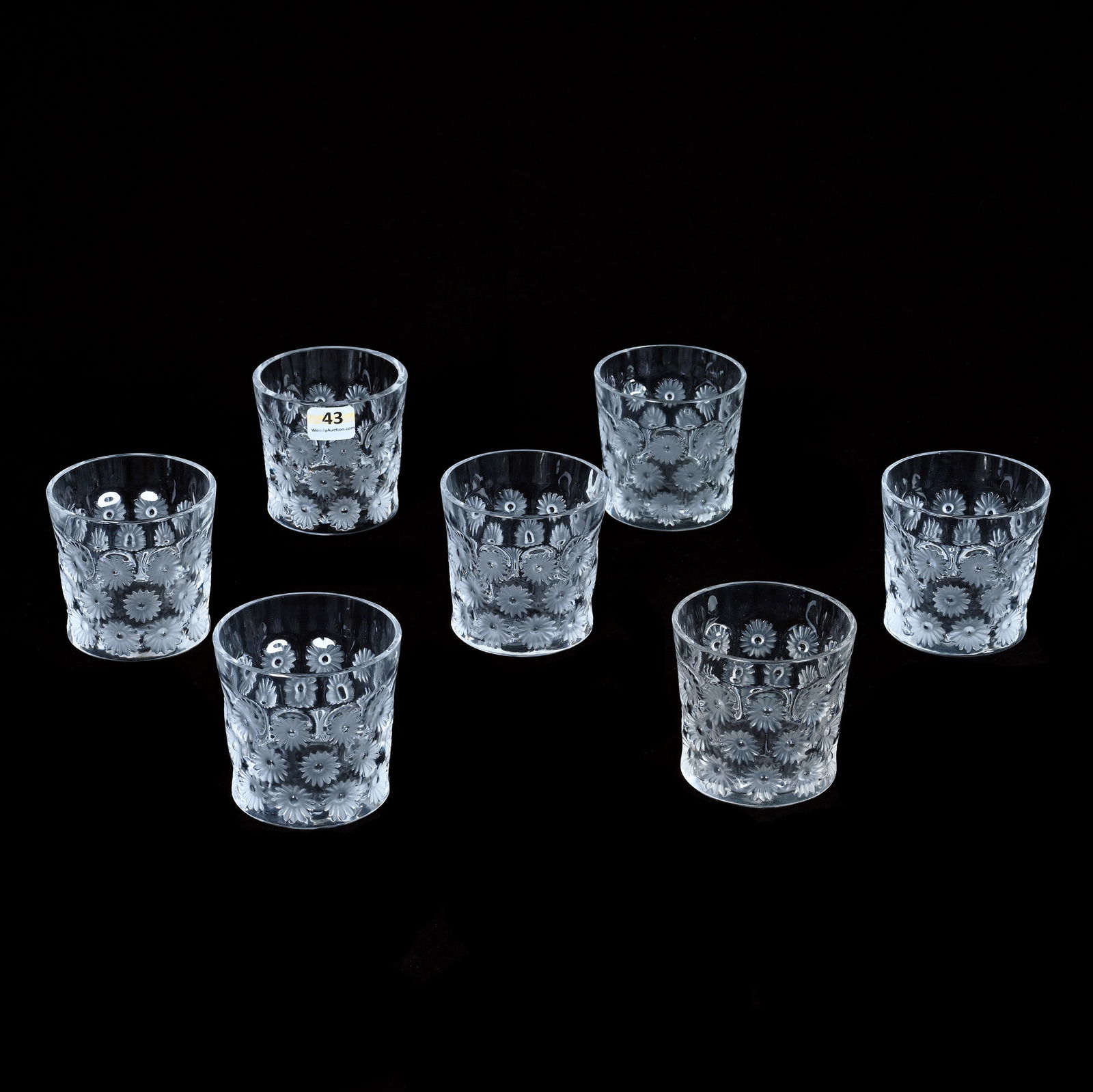 (7) Tumblers, Signed Lalique France: (7) Tumblers, Signed Lalique France, 2.75 x 2.75 x 2.75 Inches, Napsbury Pattern, 3.8 Pounds, Charles And Nikia Schulte, Missouri.