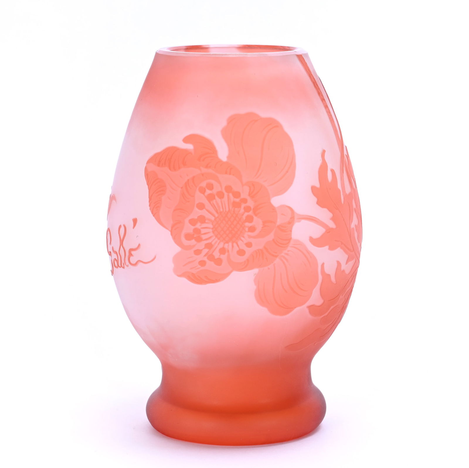 Vase, Signed Galle French Cameo Art Glass: Vase, Signed Galle French Cameo Art Glass, 5 x 3.25 x 3.25 Inches, White Frosted Ground With Pink Cutback Floral Overlay, Professional Rim Trim, 0.6 Pounds, Charles And Nikia Schulte, Missouri.