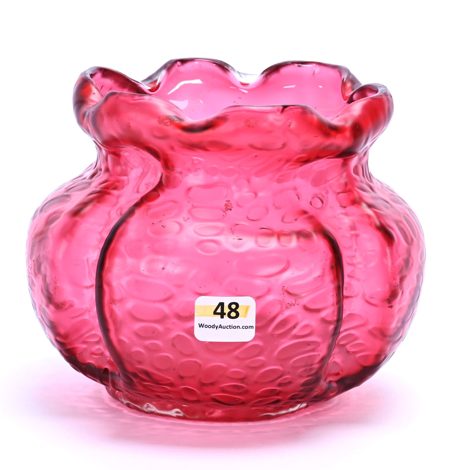 Vase, Unmarked Loetz Style Martele Design: Vase, Unmarked Loetz Style Martele Design, 5 x 6.25 x 6.25 Inches, Cased Cranberry, Bag Form, 1.8 Pounds, Charles And Nikia Schulte, Missouri.