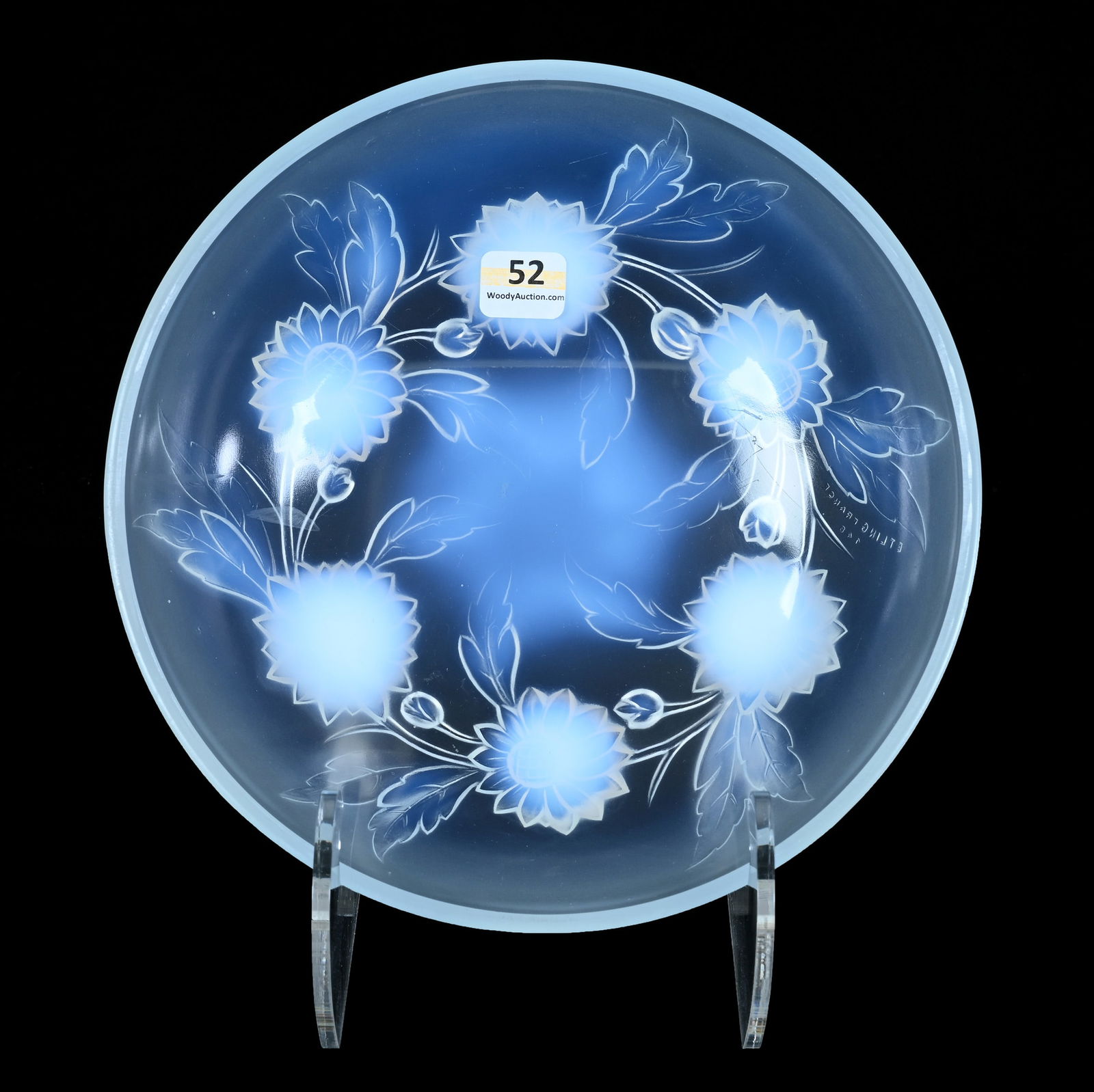 Bowl, Signed Etling France (Sabino Style): Bowl, Signed Etling France (Sabino Style), 8.5 x 8.5 x 2.5 Inches, White Opalescent, Embossed Floral Design, Circa 1930s, Small Rim Nick, 1.8 Pounds, Charles And Nikia Schulte, Missouri.