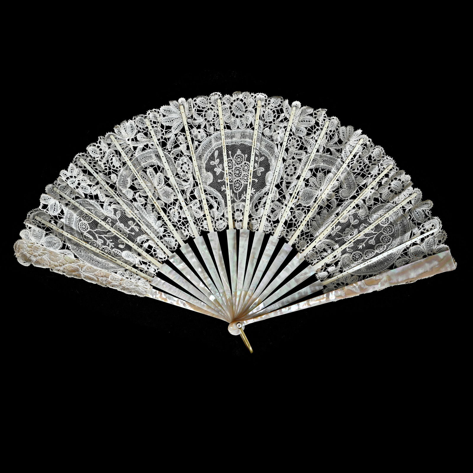 Folding Fan: Folding Fan, 10.5 x 2.5 x 2 Inches, Lace Design With Mother Of Pearl Highlights, Original Silk Lined Box, Marked J. Bolland Jewelry Co, St. Louis, Silk Box Has Significant Wear, 0.4 Pounds, Charles