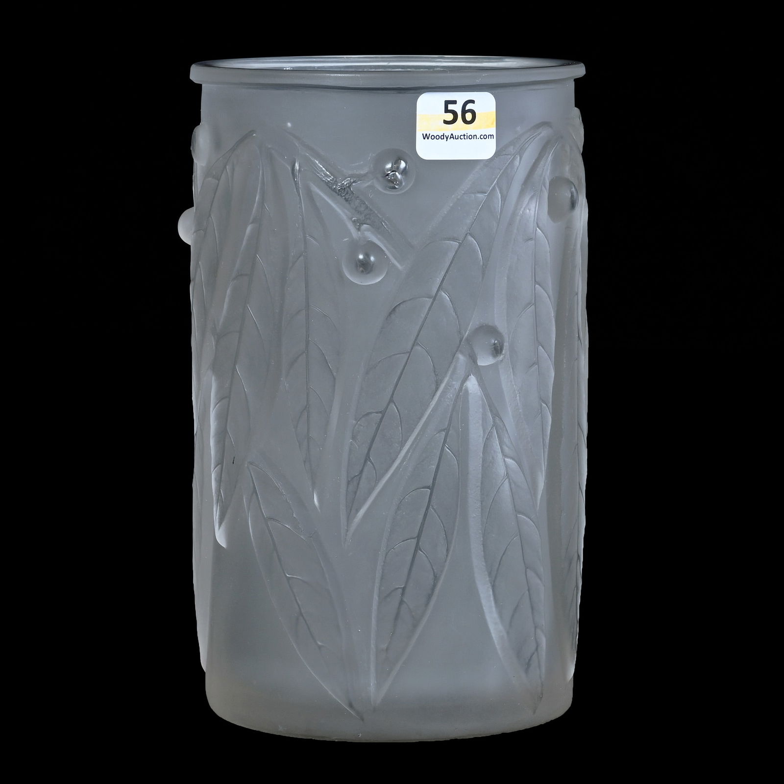 Cylinder Vase, Marked R. Lalique: Cylinder Vase, Marked R. Lalique, 7 x 4.25 x 4.25 Inches, Laurier Pattern, Designed 1922, 2.8 Pounds, Charles And Nikia Schulte, Missouri.