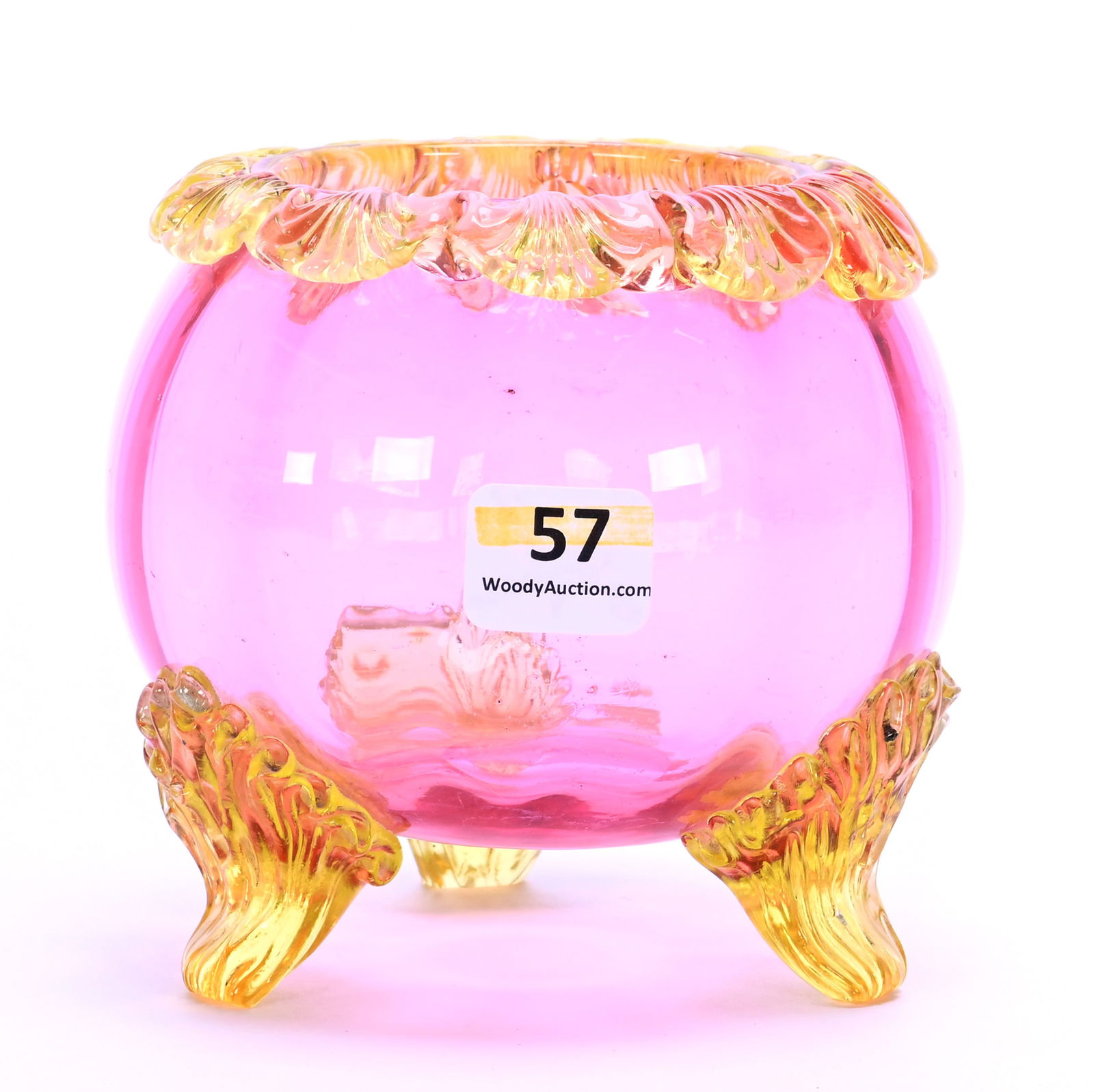 Footed Rose Bowl, Cranberry Art Glass: Footed Rose Bowl, Cranberry Art Glass, 4 x 4.25 x 4.25 Inches, Applied Yellow Feet And Rim, Polished Pontil Base, Trim Is Highly Reactive Under Black Light, 1 Pound Charles And Nikia Schulte,