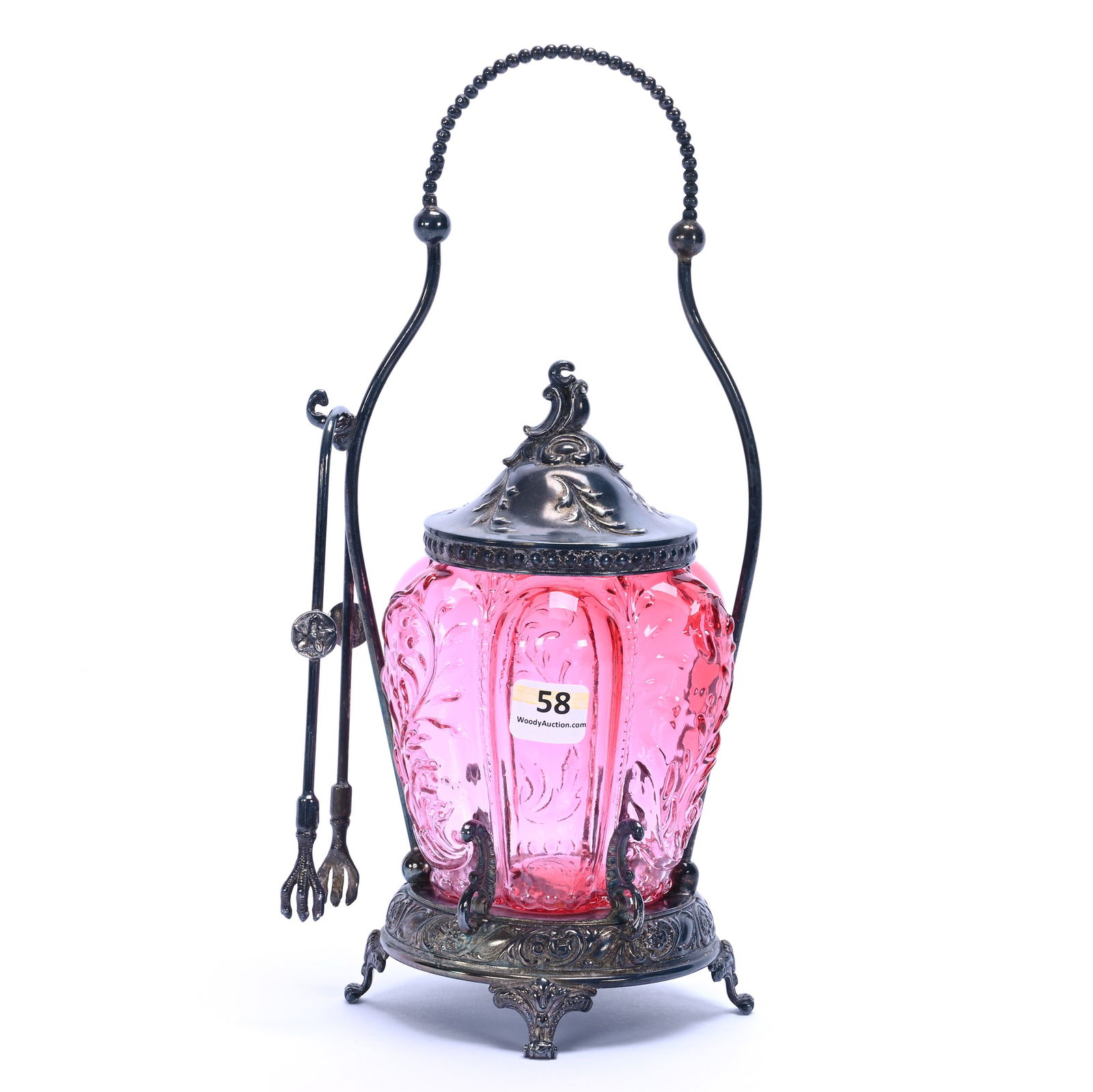 Victorian Pickle Castor: Victorian Pickle Castor, 11 x 4.75 x 4.75 Inches, Cranberry Art Glass Melon Ribbed Insert, Set On Meriden #0645 Silverplate Frame, 1.3 Pounds, Charles And Nikia Schulte, Missouri.