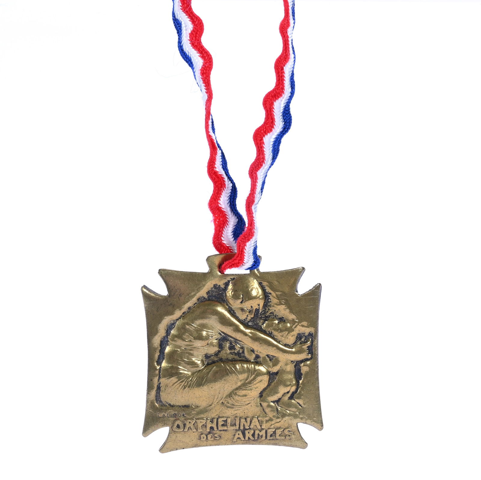 Rene Lalique Brass Memorial War Medallion Of 1917: Rene Lalique Brass Memorial War Medallion Of 1917, Image Is Contained Within A French Croix De Guerre Form And Stamped With Signature Of Rene Lalique, Sells With A Certificate Of Authenticity From