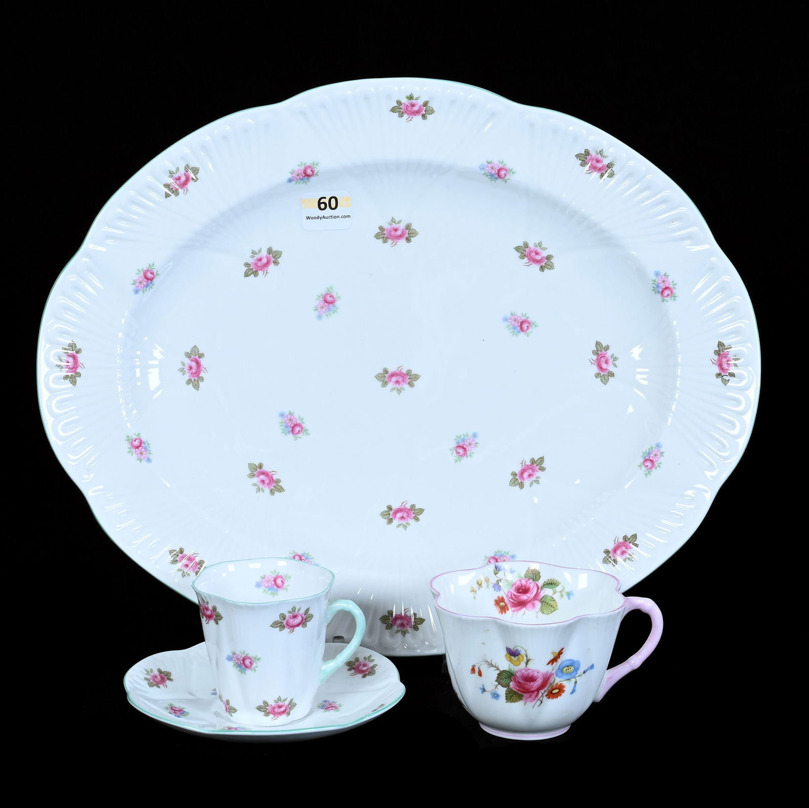 (3) Pieces Of Shelley China: (3) Pieces Of Shelley China, (1) 12.75" x 10.25" Oval Tray, Rosebud Pattern, (1) 2.75" x 4.75" Cup And Saucer, Rosebud Pattern, (1) 2.5" x 4" Cup, Rose And Red Daisy Pattern, 2.3 Pounds, Charles And