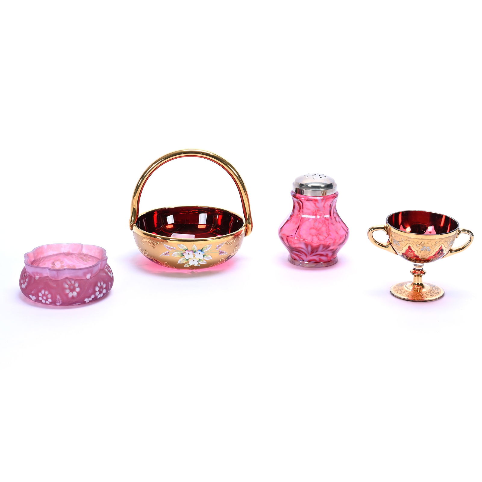 (4) Cranberry Art Glass Items: (4) Cranberry Art Glass Items, (1) 6" x 6" Italian Basket With Heavy Gold And Hard To See Serious Damage, (1) 4.5" Sugar Shaker, Daisy And Fern Pattern, (1) 3.5" x 5" Two Handled Pedestal Punch Cup,