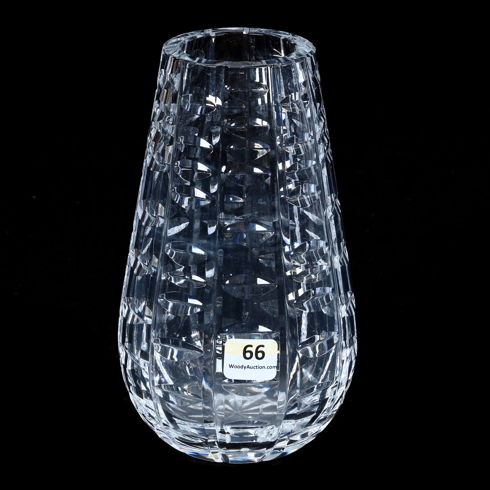 Vase, Marked Waterford: Vase, Marked Waterford, 7 x 4 x 4 Inches, Panel Cut With Split Vesica Highlights, 2 Pounds, Charles And Nikia Schulte, Missouri.