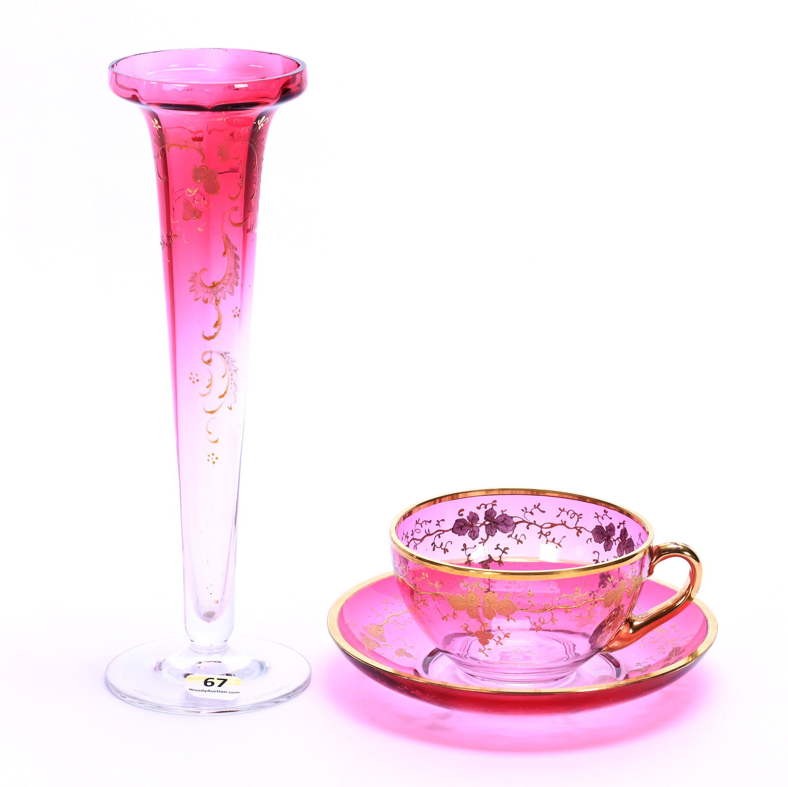 (2) Rubina Art Glass Items: (2) Rubina Art Glass Items (1) 10" x 3.25" Trumpet Vase, Gold Enamel Scroll Highlights, (1) 2.5" x 6.25" Coffee Cup And Saucer, Gold Enamel Vintage Decor, 1.4 Pounds, Charles And Nikia Schulte, Missou