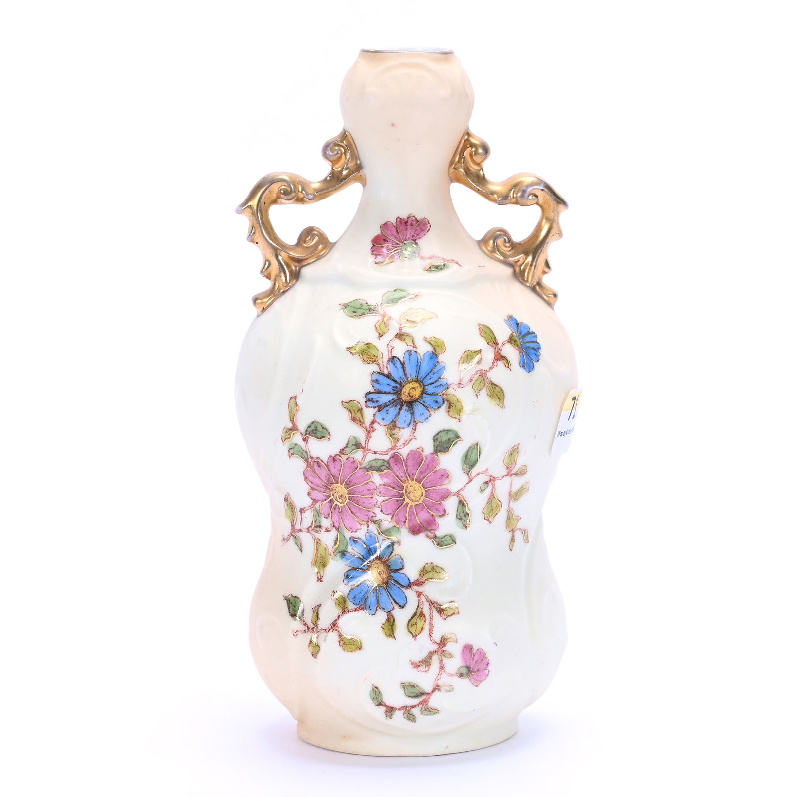 Two Handled Vase Marked Rudolstadt: Two Handled Vase Marked Rudolstadt, 7 x 3.5 x 3.5 Inches, Cream Tones With Pink And Blue Floral Decor, 0.5 Pounds, Charles And Nikia Schulte, Missouri.