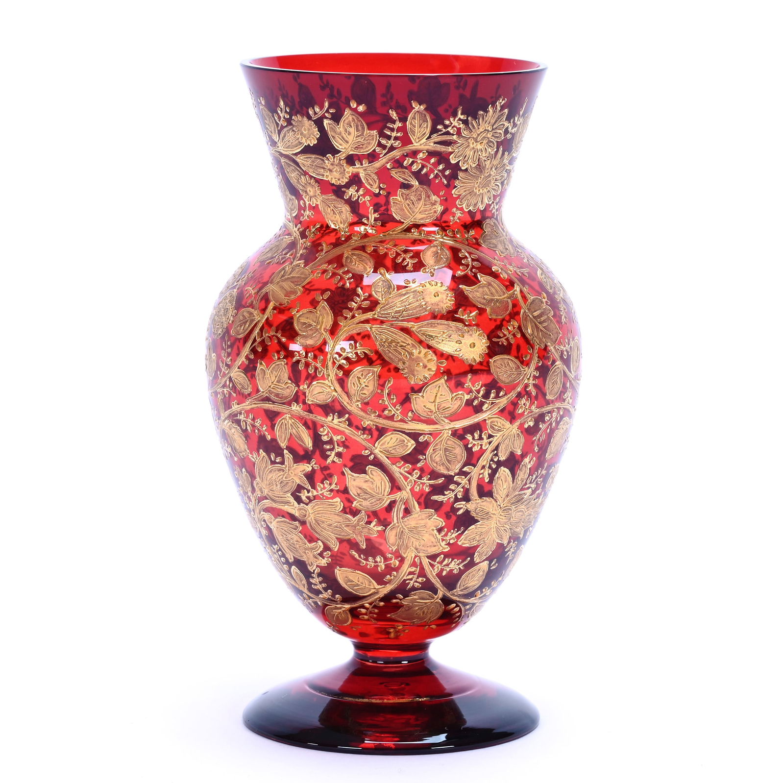 Pedestal Vase: Pedestal Vase, 5 x 2.75 x 2.75 Inches, Dark Cranberry Art Glass With Extensive Gold Enamel Floral Decor, 0.3 Pounds, Charles And Nikia Schulte, Missouri.