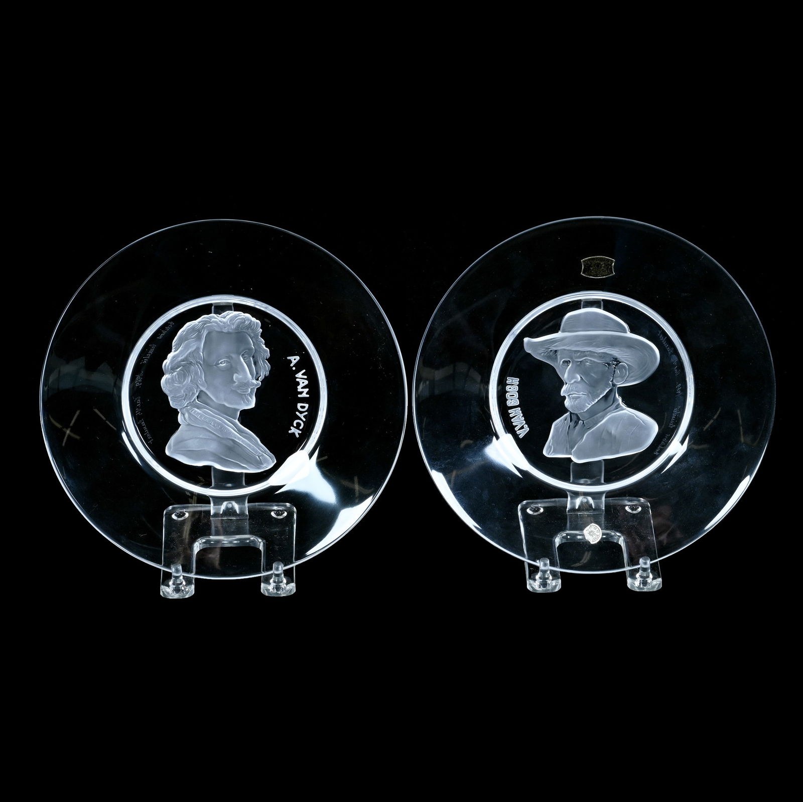 (2) Plates, Signed Val Saint Lambert Limited Edition, Dated 1969: (2) Plates, Signed Val Saint Lambert Limited Edition, Dated 1969, 10.25 x 9.25 x 1.75 Inches, 8" Diameter, (1) Engraved Portrait Of Vincent Van Gogh, (1) Engraved Portrait Of A. Van Dyck, Original